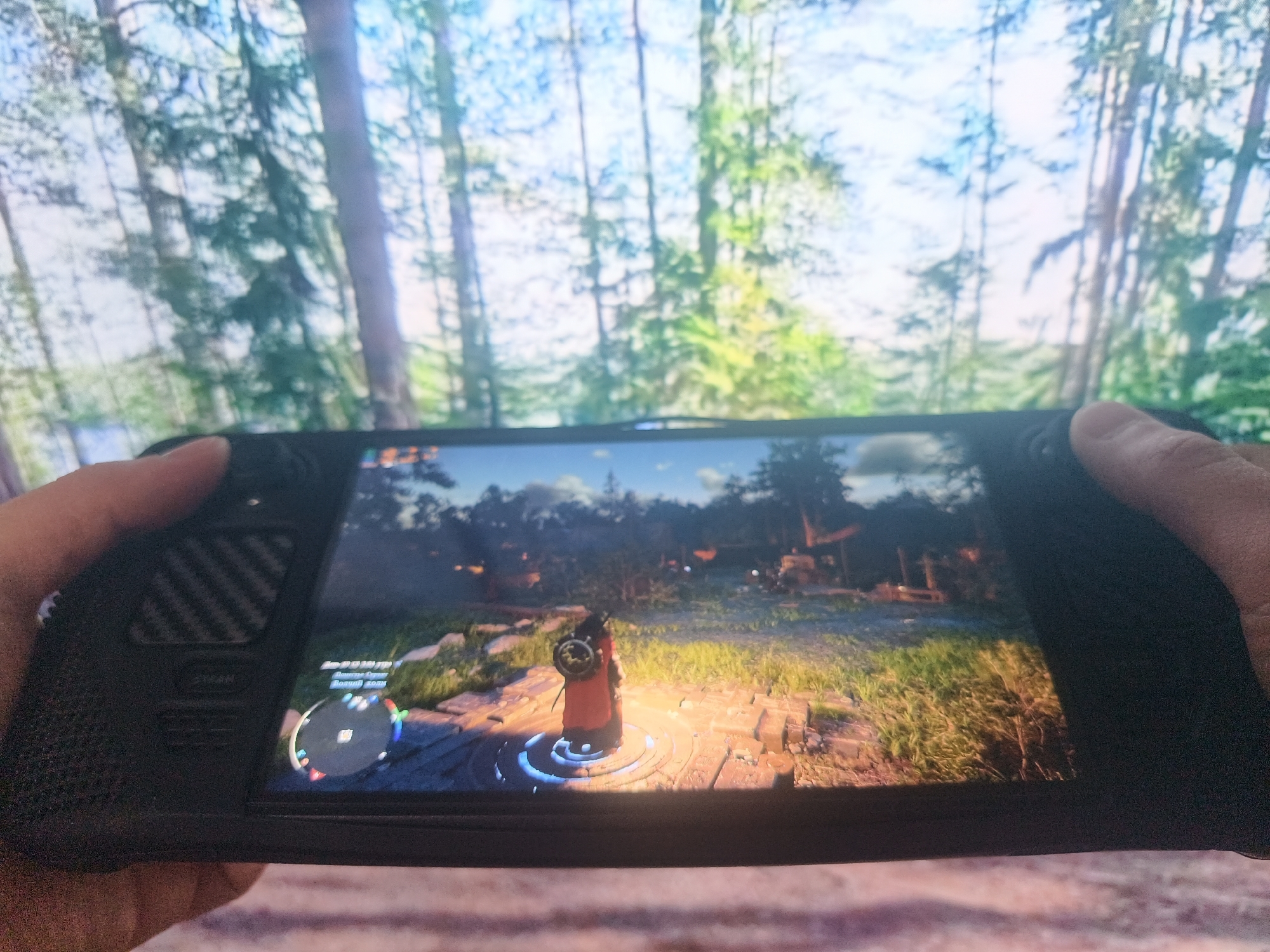 A Steam Deck is being held up with the game Assassin's Creed: Valhalla in view. The in-game character is standing on a stone platform. The location is ambiguous, but the foreground is blurry. A backdrop depicting a forest scene is displayed behind the Steam Deck.