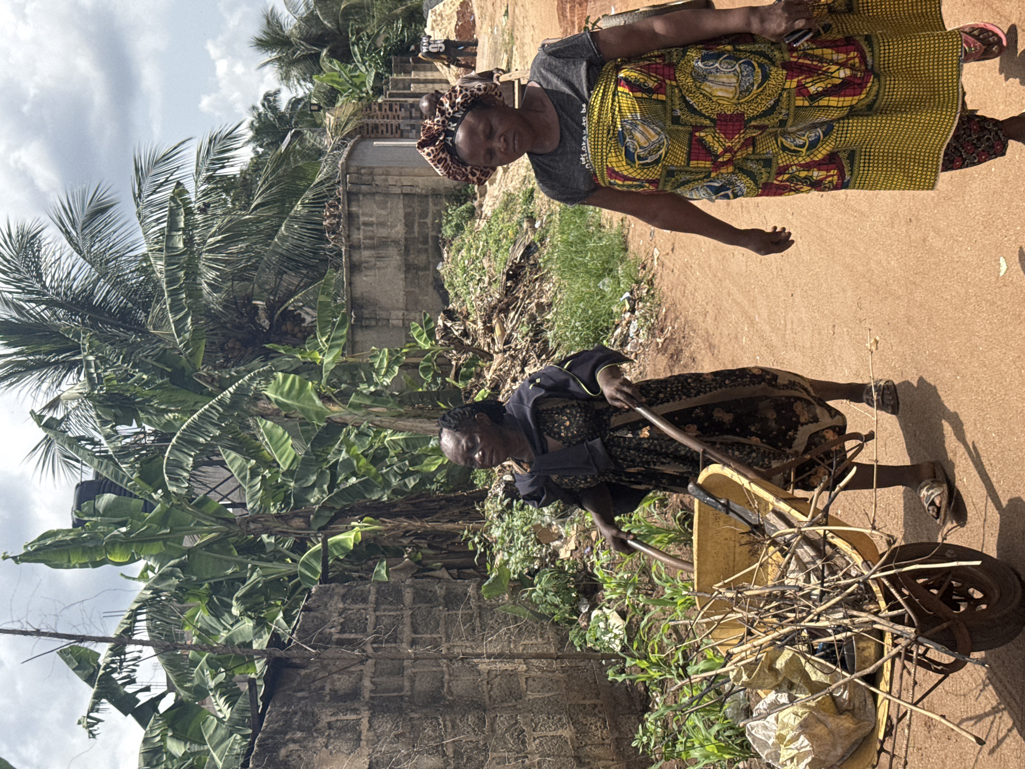 Two women are visible in the scene. One woman is pulling a yellow wheelbarrow filled with sticks and a bag. She is wearing a dark, patterned dress with a navy blue top. The other woman is walking behind her, wearing a gray shirt and a vibrant yellow patterned wrapper. She is holding a cell phone in her hand. The scene is set in Aboh, Nigeria, along a dirt road with a concrete block wall and lush green vegetation, including palm and banana trees. There is general detritus and trash strewn about the area near the wall. The sky is overcast.