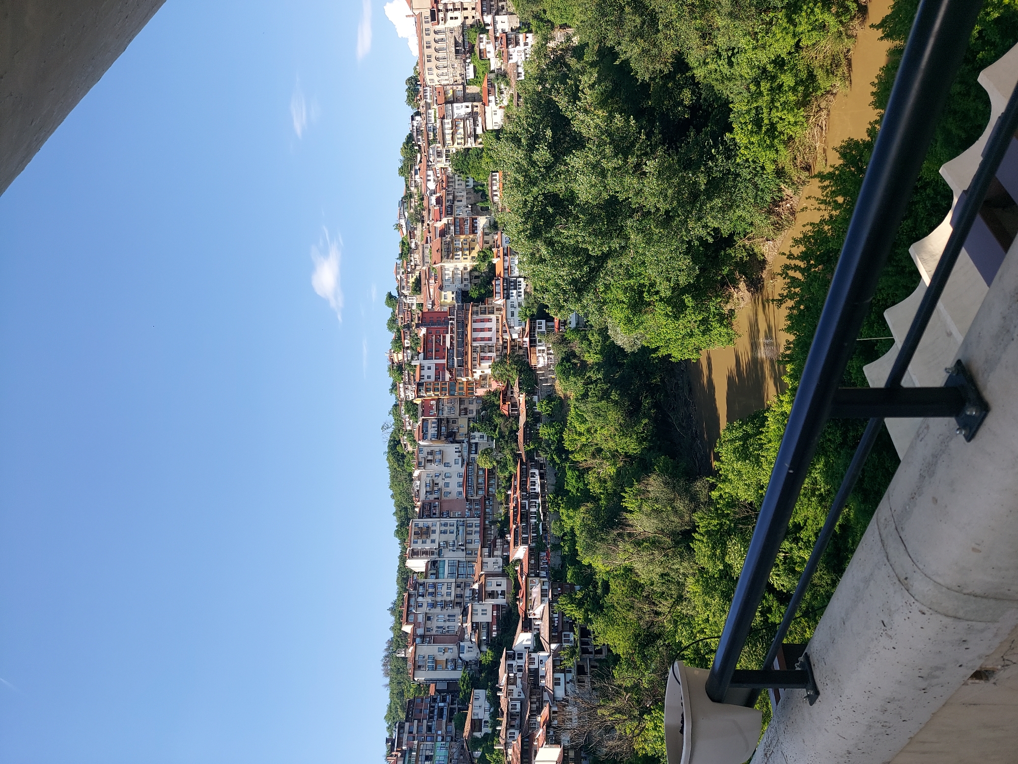 The image presents an elevated panoramic view of the city of Veliko Tarnovo, Bulgaria, built on a steep hillside, with a river winding through a densely forested valley below. In the foreground, a light grey concrete balcony or bridge railing extends from the bottom left, curving slightly towards the center. Attached to this concrete structure is a black metal railing, prominent in the bottom center, with visible mounting bolts. A light-colored, possibly plastic, plant pot is affixed to the black railing on the far left. The top right corner of the frame is partially obscured by a grey concrete overhang.
Below the foreground railing, a deep valley is covered with a dense canopy of vibrant green deciduous trees. A wide, muddy brown river flows through the bottom of this forested valley, curving through the landscape.
In the background, beyond the river and trees, numerous multi-story buildings are terraced up a steep hillside. These residential and commercial structures exhibit a variety of architectural styles, with facades in shades of white, beige, light pink, and orange, predominantly topped with terracotta tiled roofs. The buildings are densely packed, interspersed with patches of green foliage. The cityscape extends across the entire background, culminating at the horizon under a clear, bright blue sky dotted with a few small, wispy white clouds. No people or specific actions are visible in the scene.