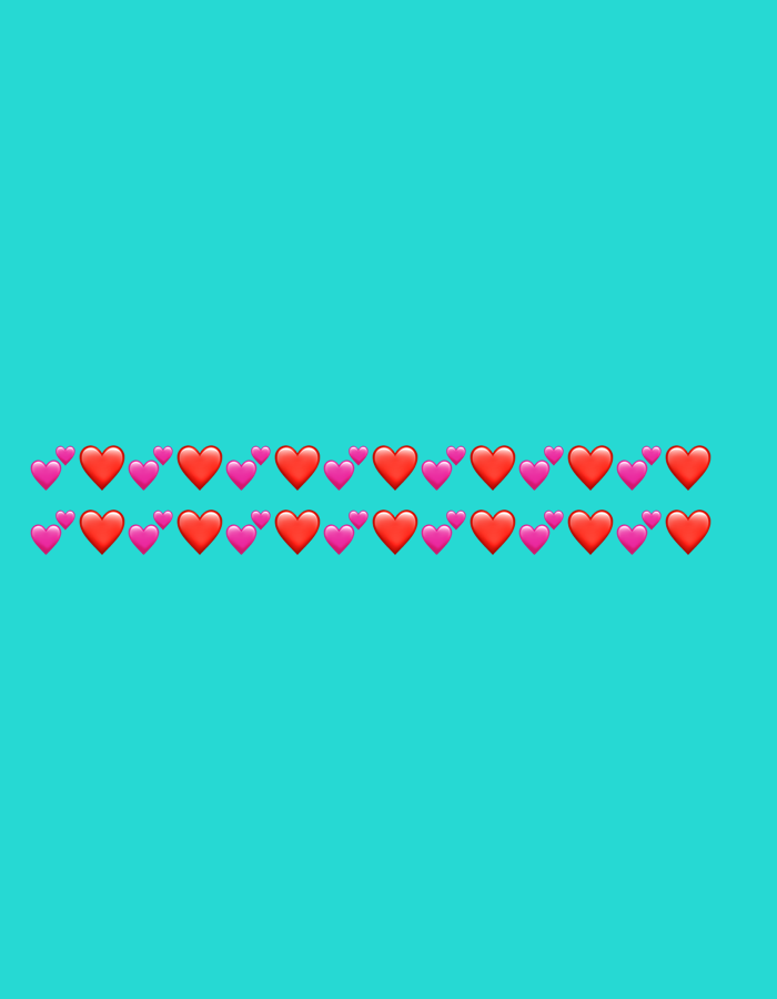 The image displays a digitally created scene against a solid turquoise background. Two horizontal rows of red and pink heart emojis are evenly spaced across the lower portion of the image. The hearts are a consistent size and orientation, creating a decorative border. There are no people, animals, or structures visible. The scene has no discernible relation to the city of Liège, Belgium.