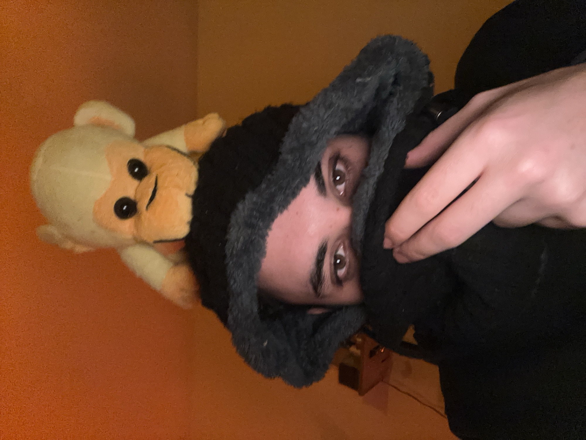 A selfie-style photograph, oriented vertically, shows a person's face partially obscured by a dark, hooded garment with a gray fur-like trim. Only the person's eyes and part of their forehead are visible. A light-colored stuffed monkey toy is positioned to the left of the person's head, appearing to rest on or near the hood. The person's hand is visible on the right side of the image, holding the garment close to their face.
The background consists of a plain, orange wall. Parts of the room are also visible, revealing what appears to be a wall and a wooden floor, as well as an electrical outlet.
The image provides insufficient information to determine a specific location in Buenos Aires, Argentina.