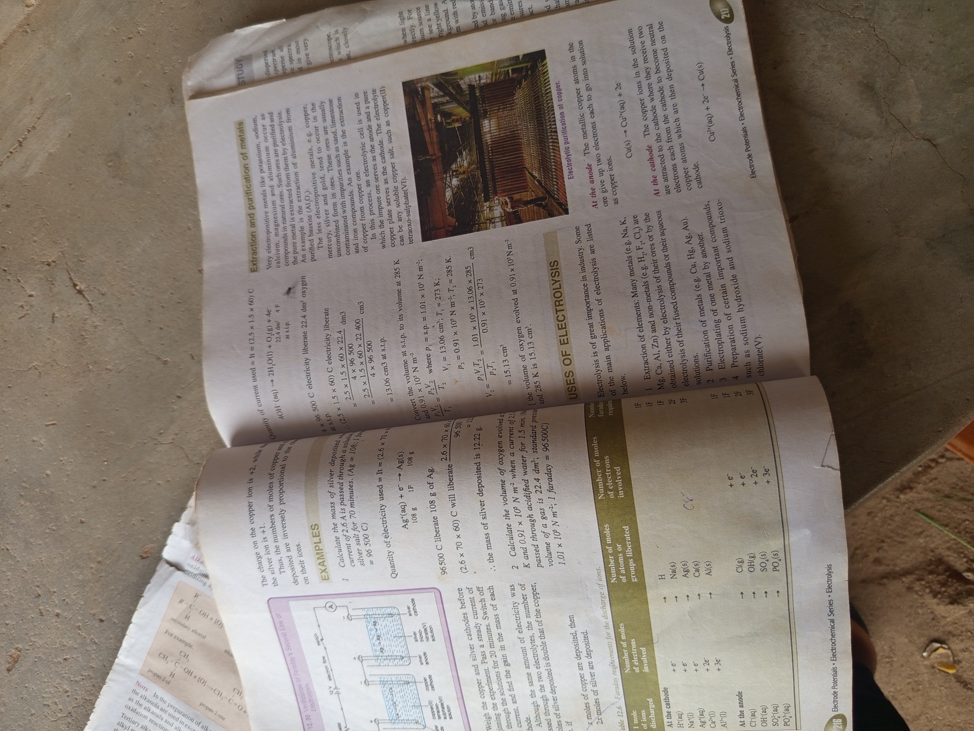 The image shows an open textbook displaying a section on electrochemistry, specifically electrolysis and the extraction and purification of metals. The text is dense with explanations, examples, and formulas. There are two diagrams related to electrolysis, and a photograph of an industrial electrolysis setup. The page is illuminated by natural light, casting shadows. The background is a textured, brown surface, likely a table or floor, with some out-of-focus elements that suggest a domestic or academic environment rather than a city scene. There are no people visible in the image, and the setting is clearly indoors and focused on the educational material.