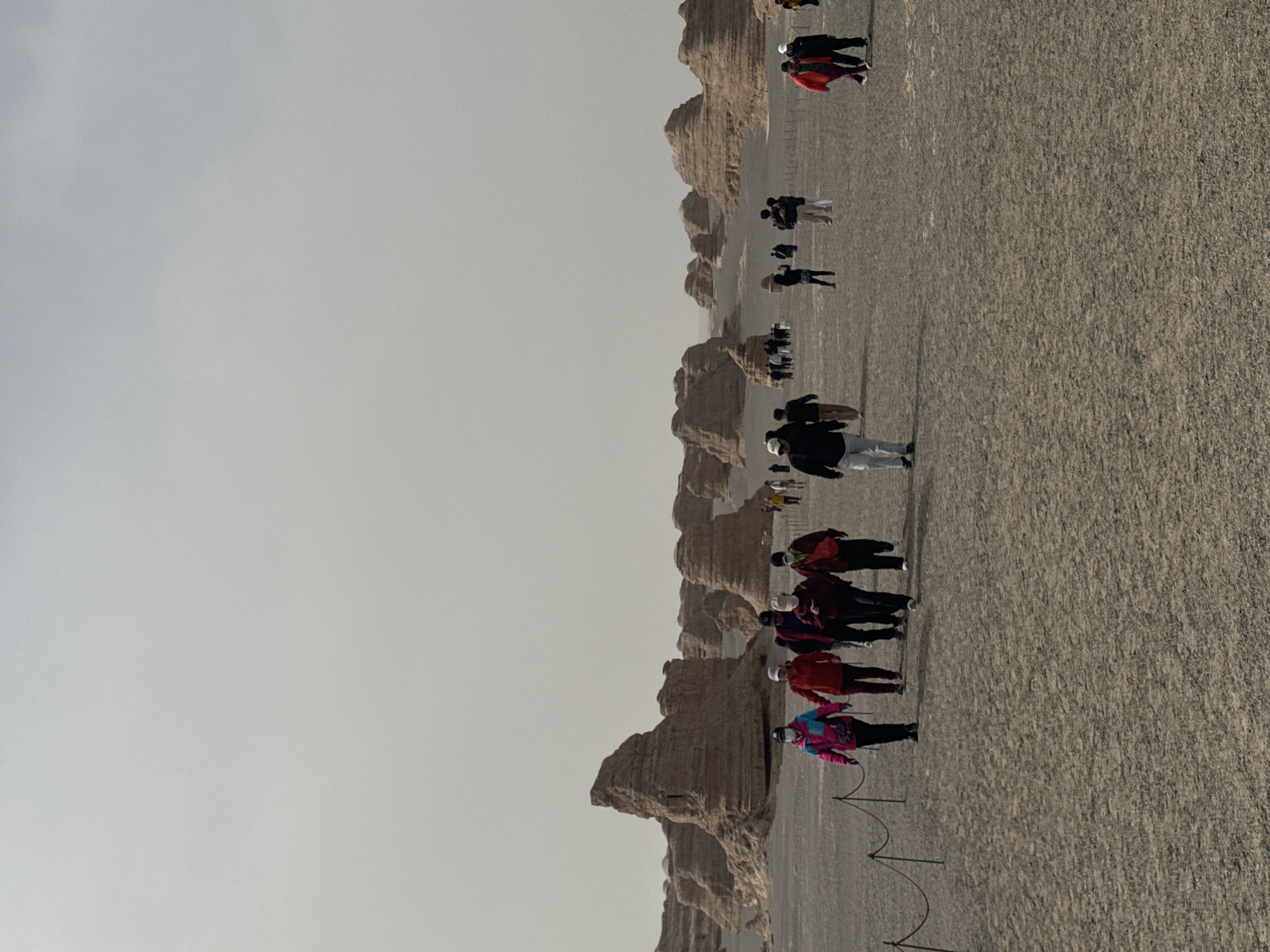 The image shows a group of people walking in a desert landscape with unique rock formations. The location is likely the Yardang National Geological Park, located in Dunhuang City, China. The sky is overcast and grey. The ground is a light brown, sandy terrain. The rock formations appear to be tall and thin, shaped by wind erosion. A rope barrier runs along the path. The people are of various ages and are dressed in casual clothing, some wearing masks. They are walking along the path near the rock formations.