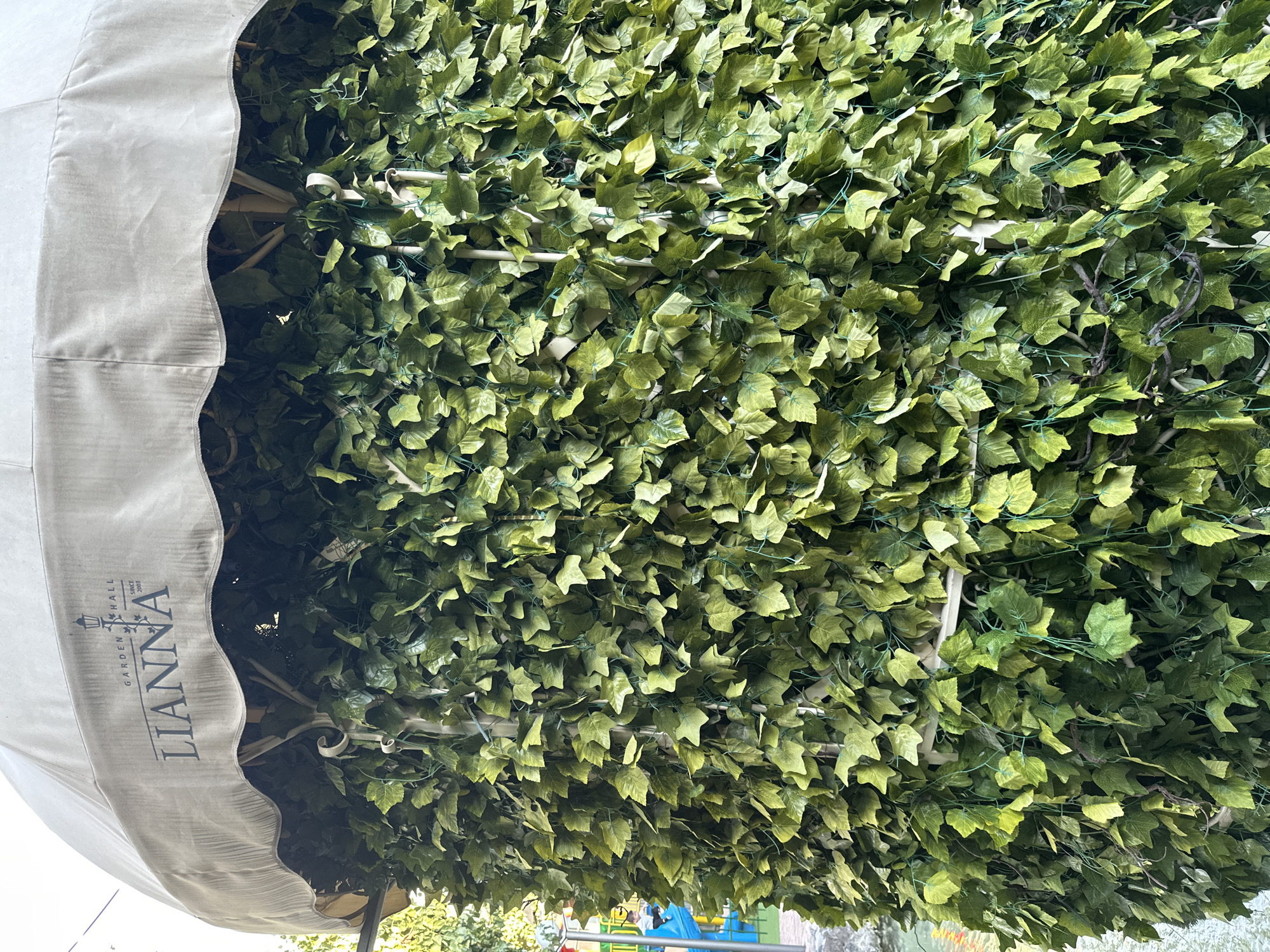 The image displays an exterior view of a structure covered in artificial ivy. A cream-colored awning extends over the top, featuring a dark logo with the words "GARDEN HALL" and "LIANNA SINCE 2003". The ivy is dense and green, obscuring the underlying supports of the structure, which appear to be white poles and some darker branches. In the background, to the left, partially visible elements of a children's playground can be seen, including blue and yellow structures, and a glimpse of trees. The setting appears to be outdoors, possibly a park or a venue in the city of Parakar, Armenia.