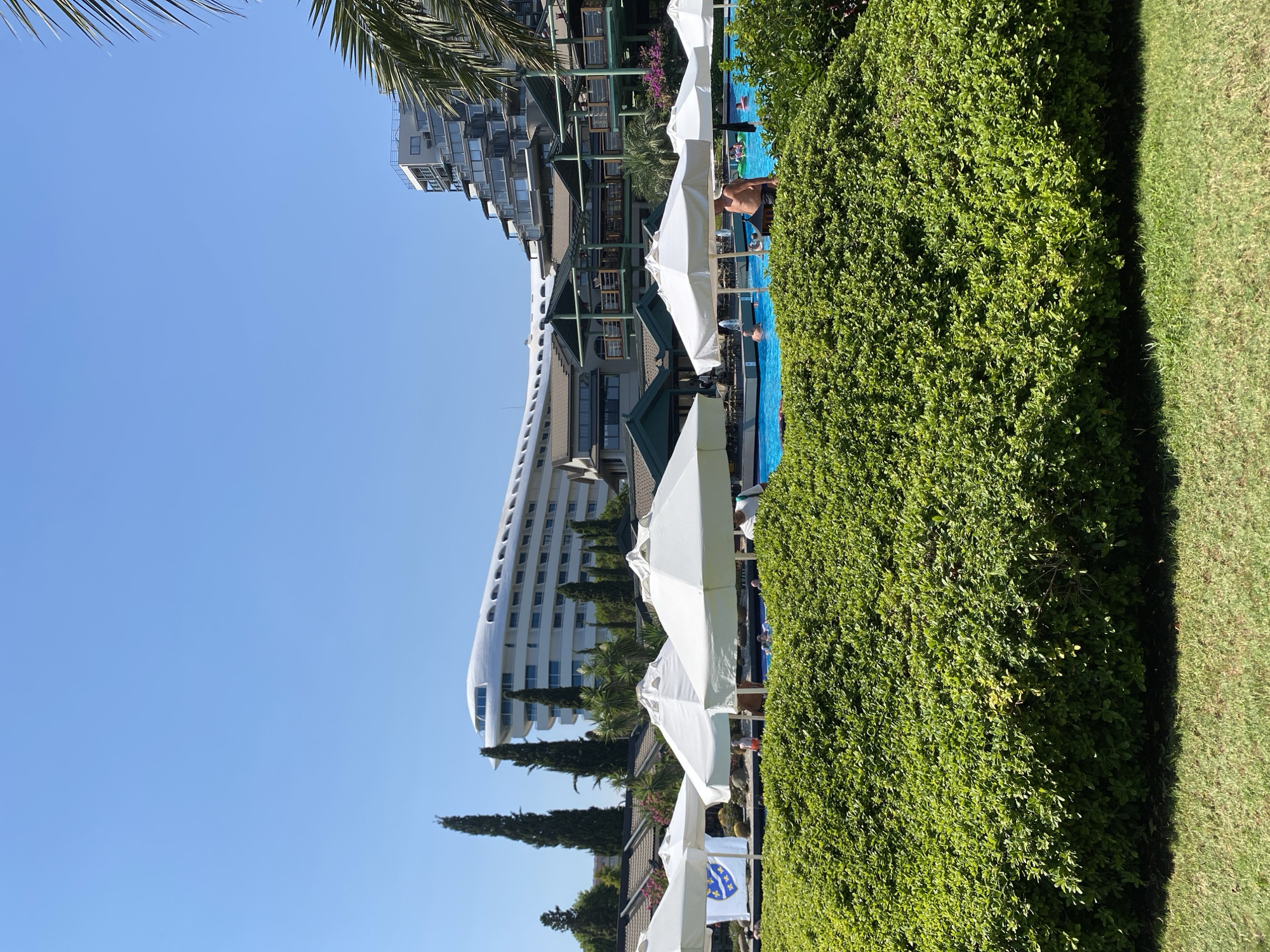 The image shows a resort in Aksu, Turkey, on a clear day. In the foreground, a manicured green hedge is prominent, with a well-maintained lawn visible at the bottom. Behind the hedge, several white umbrellas are set up, providing shade near a bright blue swimming pool. Several people are visible in the pool, some swimming or relaxing. In the background, a large, uniquely shaped white hotel building with curved architecture dominates the skyline, contrasting with other, more conventional hotel structures with multiple balconies and green roofs. Tall, slender cypress trees are interspersed among the buildings and vegetation. A palm frond from a nearby tree is visible on the right side of the frame.