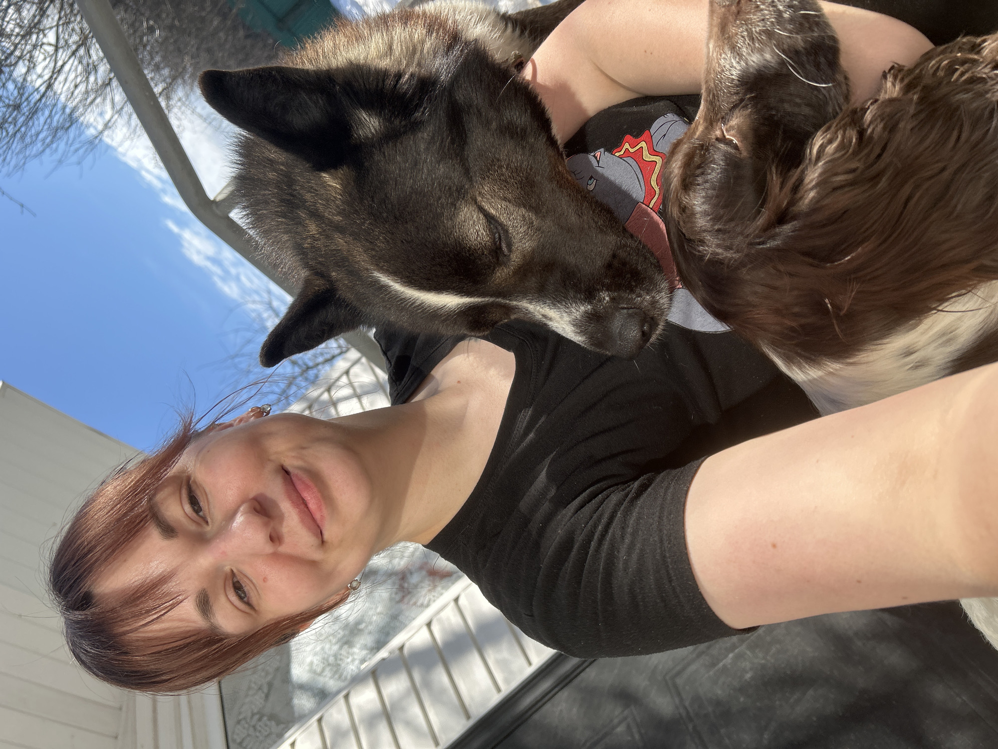 This image depicts a female individual and two dogs in an outdoor setting in Фоки, Russia. The woman, with light skin and brown hair featuring bangs, occupies the central foreground. She wears a black short-sleeved t-shirt and displays a direct smile towards the viewer. Small stud earrings are visible on both ears.
She is holding two dogs close to her chest. The first dog, positioned higher, is a medium to large breed characterized by dark brown and black fur with a prominent white stripe on its forehead and a white muzzle. Its eyes are closed or partially closed, and its head rests on the woman's shoulder, with its tongue extended towards her shirt, partially revealing a graphic depicting an elephant-like character. The second dog, situated below and to the right of the first, possesses brown and white fur with long, floppy ears. Its head is also resting, and its eyes are closed or directed away from the camera.
The background reveals a white building with horizontal siding and a dark door to the left. The upper right portion of the frame shows a clear blue sky with sparse white clouds, bare tree branches, and a metallic railing. Bright sunlight illuminates the scene, casting distinct shadows, and patches of snow are visible in the distant background.