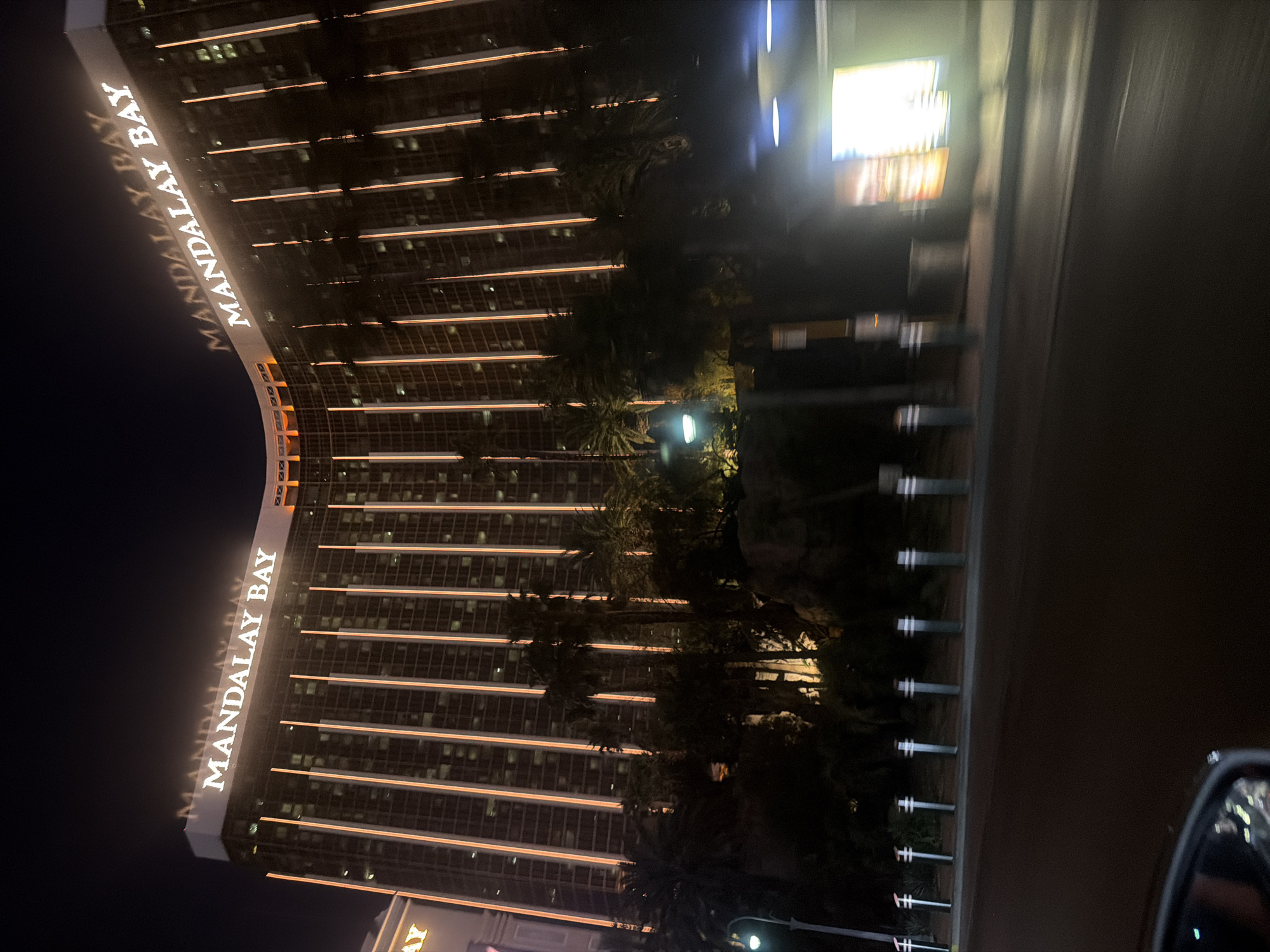 The image captures a nighttime view of the Mandalay Bay Resort and Casino in Las Vegas, Nevada. The building is illuminated with horizontal bands of light and vertical signage displaying "MANDALAY BAY". Palm trees are seen in the foreground, partially obscuring the lower levels of the building. The view is taken from a moving vehicle, evident from motion blur.