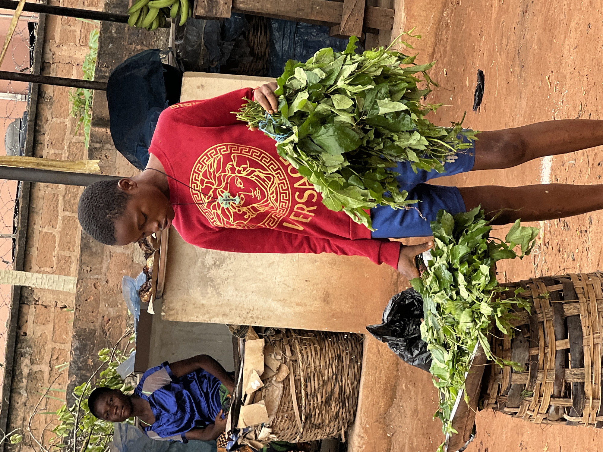 In Nkpor, Nigeria, a young person stands in an outdoor market, holding a large bunch of leafy green vegetables. They are wearing a red sweatshirt with a gold Versace-inspired print and blue shorts. The person on the left, also young, sits behind a woven basket filled with what appears to be merchandise and wears a blue garment. The background consists of brick walls, a fence with barbed wire, and other market stalls with produce, including bananas. The ground is reddish-brown dirt, typical of the region.