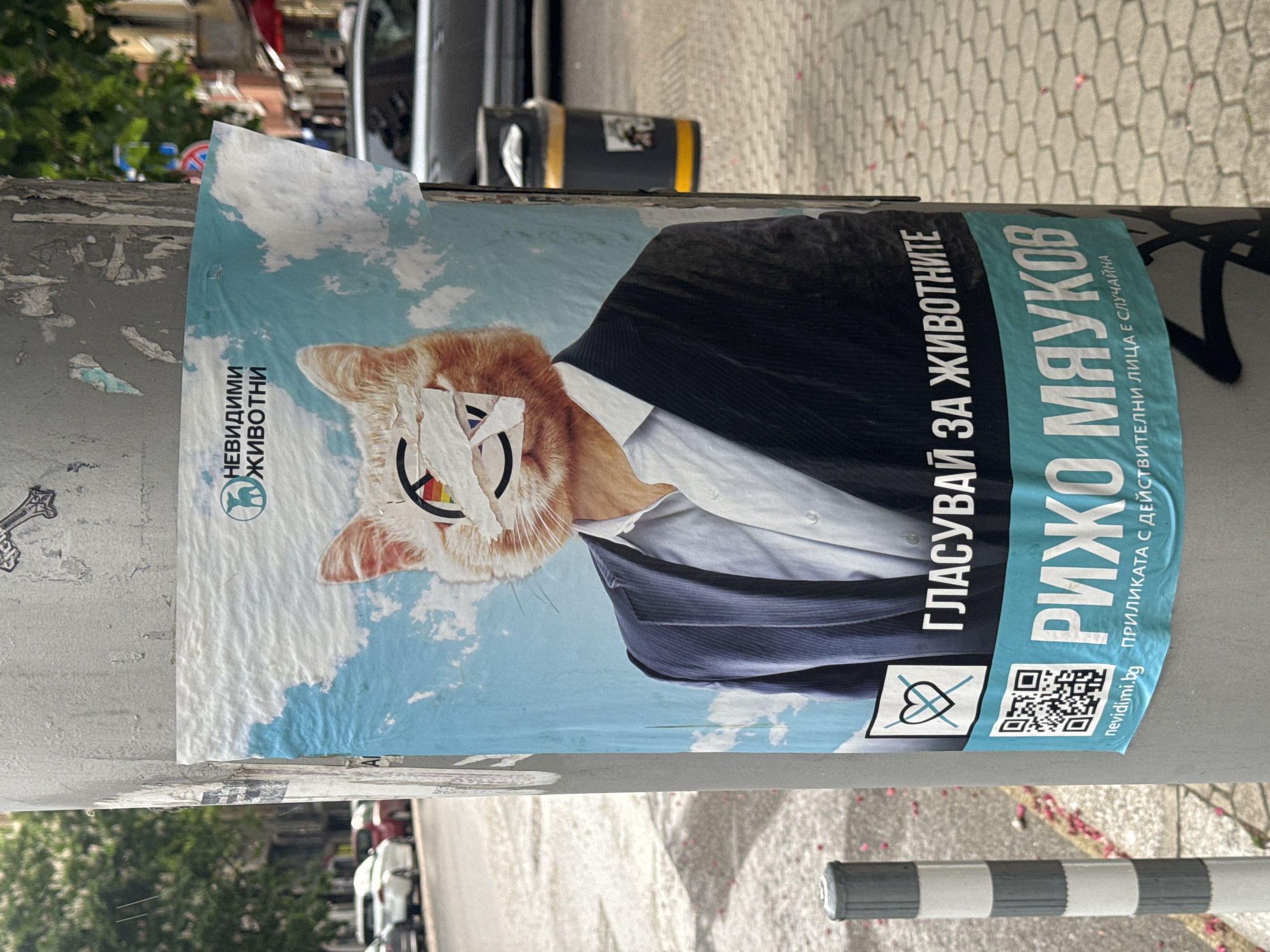 Here is a description of the image:
The image is a street-level shot of a poster attached to a gray metal pole. The poster depicts a cat's head with tape and a symbol on its eyes. The cat wears a suit and a white shirt. The background is blue with white clouds. Text on the poster reads "НЕВИДИМИ ЖИВОТНИ", "ГЛАСУВАЙ ЗА ЖИВОТНИТЕ", "РИЖО МЯУКОВ", and "ПРИЛИКАТА С ДЕЙСТВИТЕЛНИ ЛИЦА Е СЛУЧАЙНА". There is also a QR code and a symbol of a heart with an X through it. The location is likely Sofia, Bulgaria, based on the Cyrillic script used in the poster's text. Cars, trees, and pavement can be seen blurred in the background.