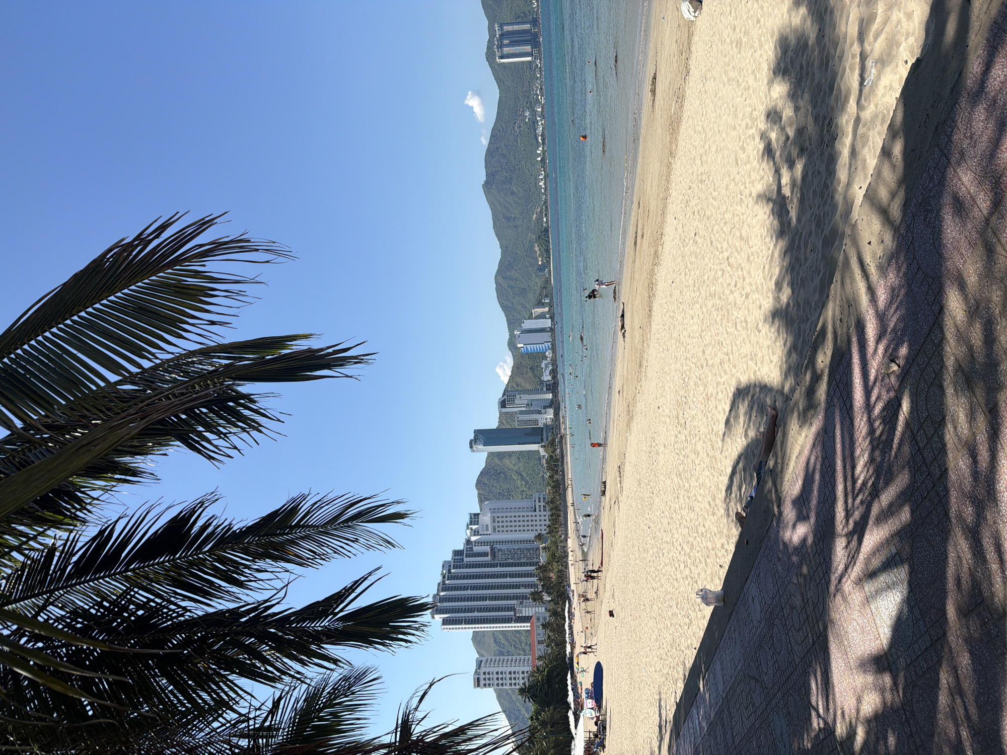 The image depicts a sun-drenched beach in Nha Trang, Vietnam, with a clear blue sky overhead. Palm fronds cast dappled shadows on the sandy shore and a tiled walkway in the foreground. In the background, a row of modern, high-rise buildings lines the coast, backed by lush green mountains. The turquoise ocean is calm, with several people enjoying the water. Some individuals are visible on the beach, and a few are in the water, either swimming or wading. Beach umbrellas and loungers are set up closer to the buildings, suggesting a developed tourist area. The overall atmosphere is one of a typical tropical beach destination.