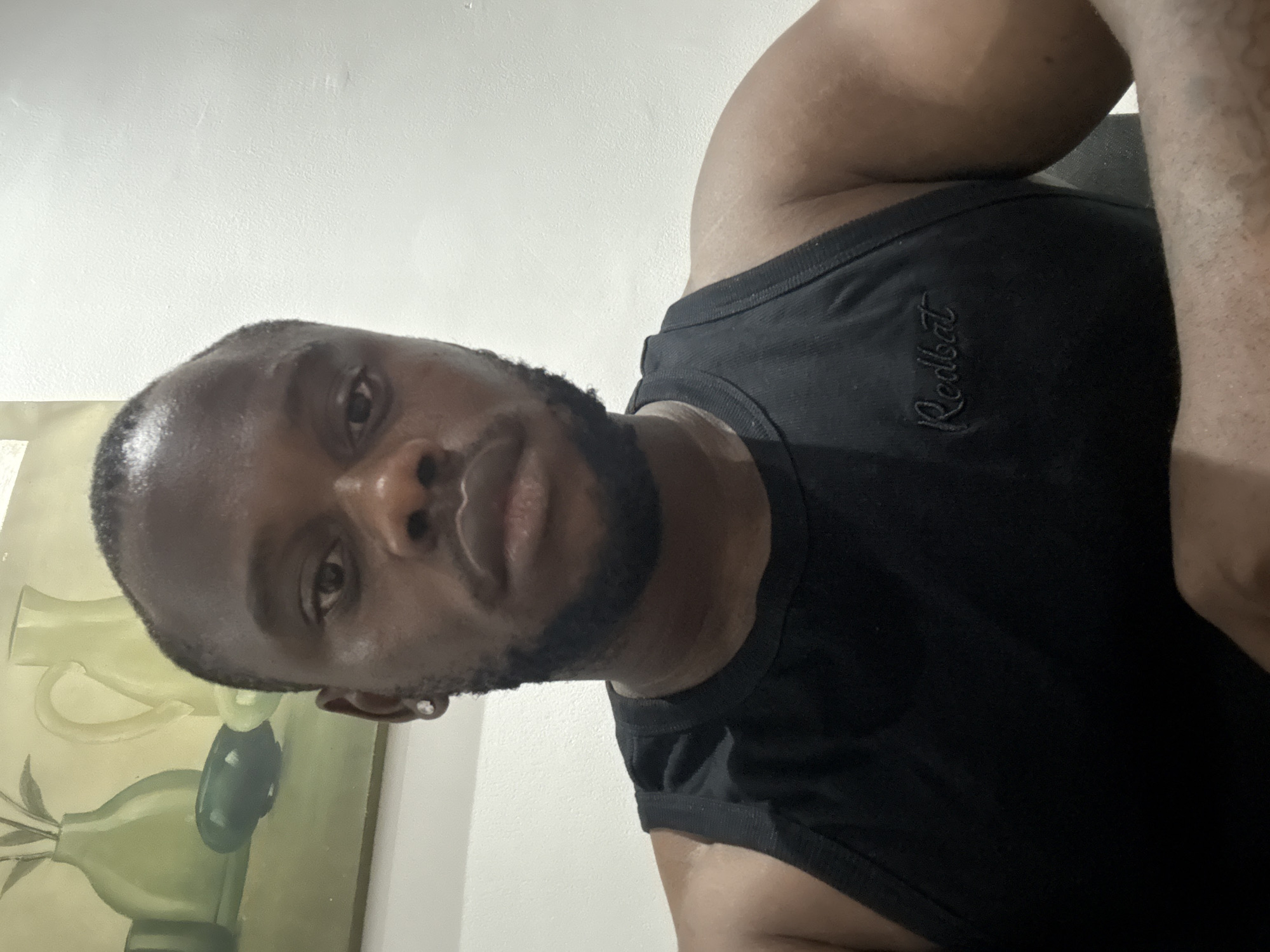A close-up, rotated portrait shows a dark-skinned man indoors. He has short, dark hair, a trimmed beard, and is looking directly at the camera with a neutral expression. He is wearing a black tank top, and a small, silver-colored stud earring is visible in his left ear.
On the left side of his chest, an embroidered logo on his tank top clearly displays the word "Redbat" in a cursive style. The background features a plain, light-colored wall. To the left of the man, part of an artwork or painting is visible, depicting abstract or stylized shapes in shades of green and light yellow, possibly representing vases or foliage. The lighting suggests an indoor setting. The image is situated in Iddo Tudunwada, Nigeria.