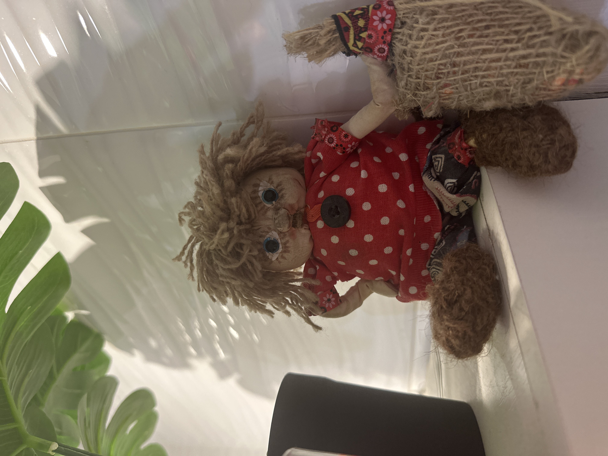 The image shows a handmade doll with a red polka-dot dress, brown yarn hair, and button eyes, positioned in what appears to be a corner. To the left, there is a blurred green plant. The doll is near a wall, and there is a black object in the foreground. There is no contextual information available to indicate that the image was taken in the city of Мирный, Russia.
