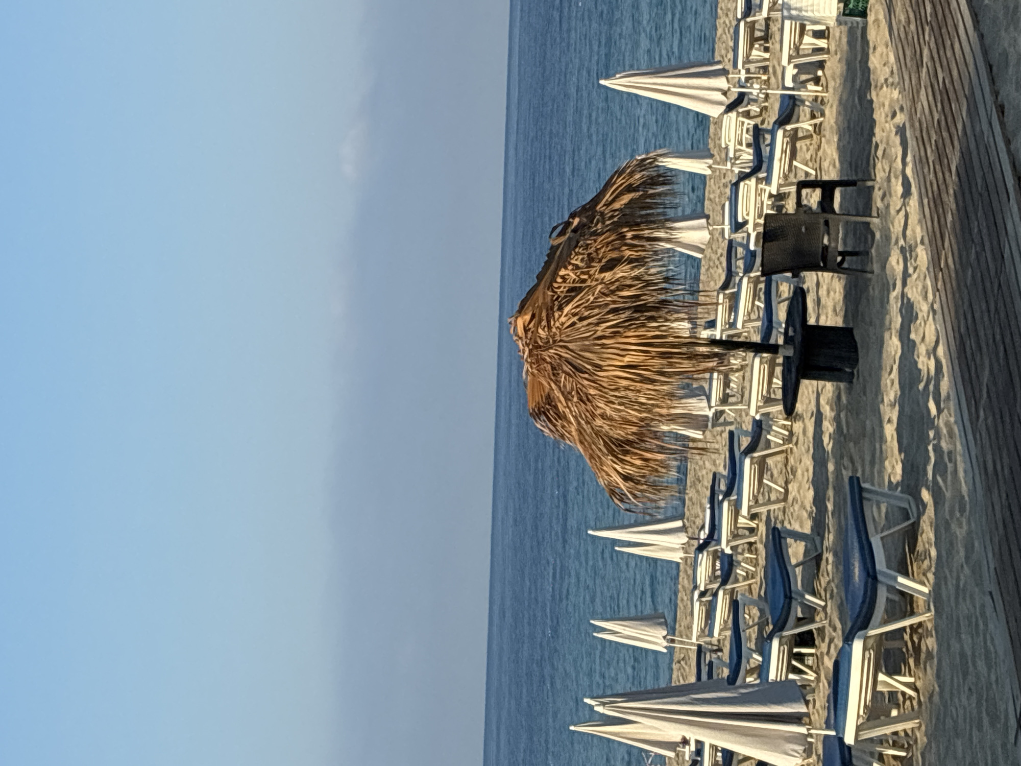 The image depicts an empty beach in Alanya, Turkey, with rows of empty lounge chairs and closed umbrellas set up on the sand. The sea is calm and blue, stretching to the horizon under a clear sky. A thatched umbrella stands prominently in the foreground, casting a shadow over a nearby table and a single dark chair. The scene suggests a peaceful, unoccupied resort setting, likely in the morning or late afternoon due to the soft lighting.