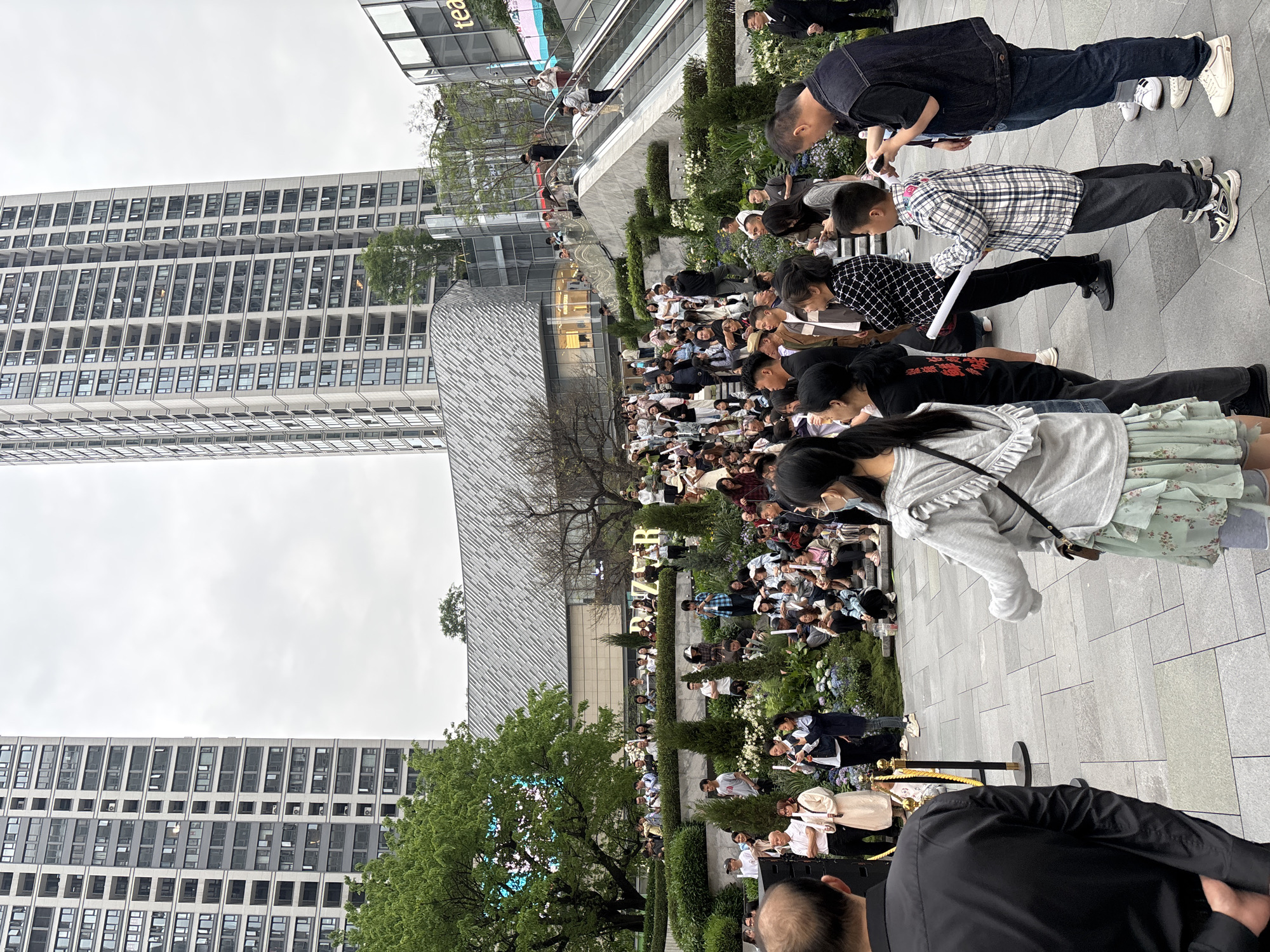 A photograph shows a large gathering of people outdoors, possibly in Jiulongpo District, China, given the presence of contemporary architecture. The people are seated on a multi-tiered landscaped area with greenery, including bushes and small trees, and white flowers. In the foreground, there is a group of people who appear to be observing or participating in an event. Some are holding papers or signs. The image also captures parts of modern high-rise buildings in the background under an overcast sky. The foreground contains people standing on a paved walkway, and several are looking down toward the seated crowd.