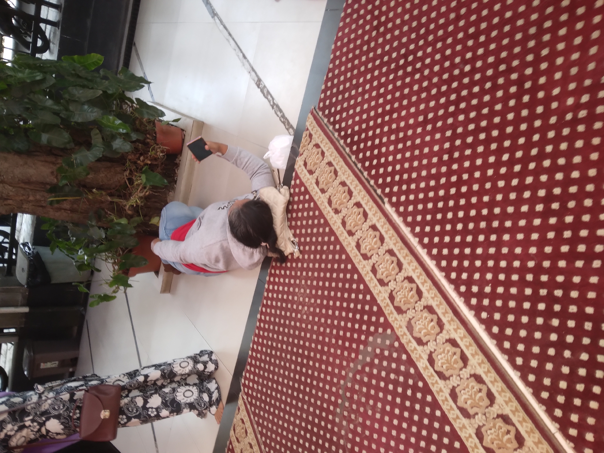 In Desa Pamijen, Kecamatan Sokaraja, Indonesia, a young person lies on their back on a white tiled floor, partially on a red carpet with a patterned border. The individual is wearing a grey hooded sweatshirt and blue pants, and they are holding a black rectangular object, likely a phone, in their right hand, extending it upwards as if to take a photo or video. A white plastic bag and a pillow are situated near their head and left arm. To the left, a person in a black and white patterned dress with a brown purse on their hip stands, facing away from the camera, their feet visible on the white tile. Behind the lying person is a large potted plant with broad green leaves, situated near the base of a tree trunk. In the background, trash receptacles and building elements are visible, suggesting an indoor or semi-enclosed public space.