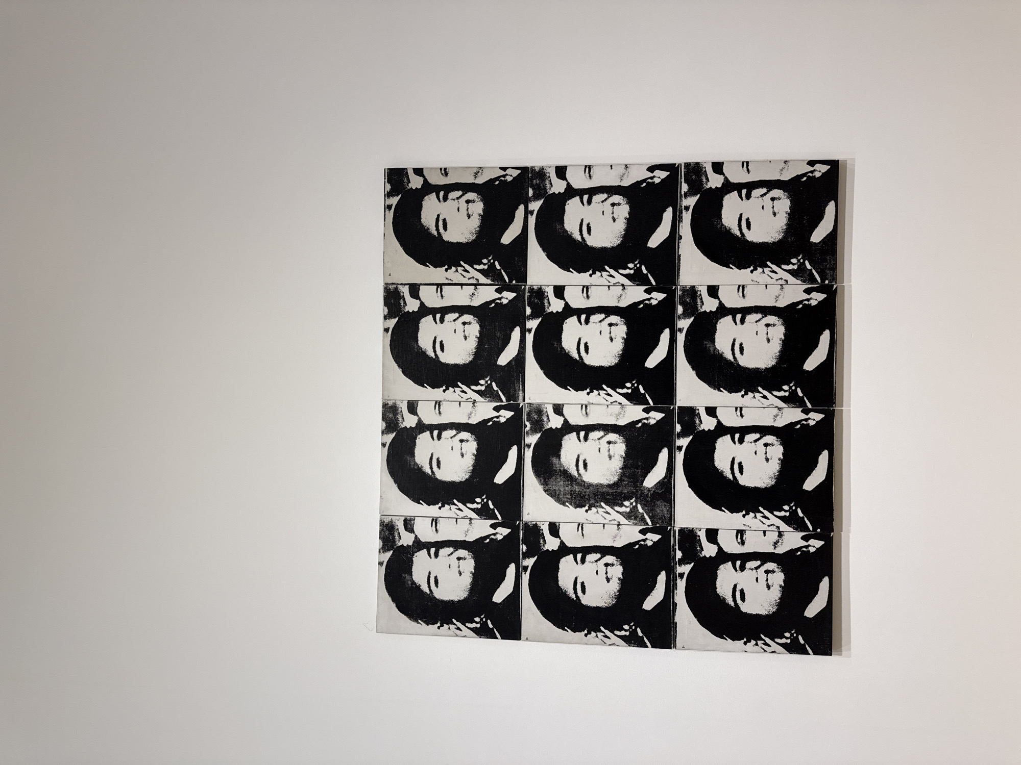 A black and white nine-panel artwork hangs on a white wall. The artwork features a repeating portrait of a woman, with a high contrast and stylized appearance. The wall is plain and evenly lit. The overall setting suggests an art gallery or a contemporary interior. It is impossible to identify the location within Chicago based only on this image.