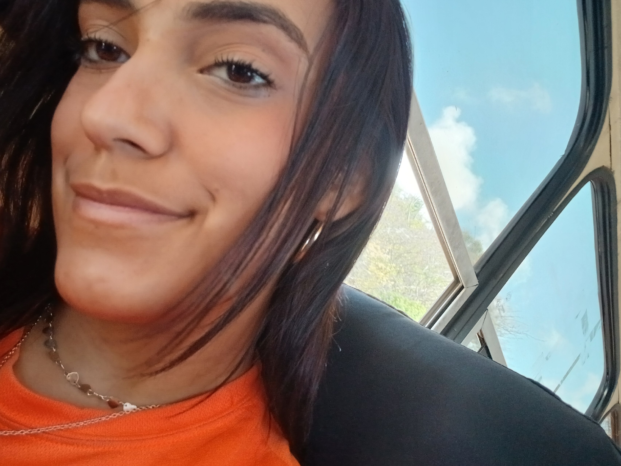 The image shows a woman with brown hair and eyes, fair skin, and an orange shirt. She is wearing a necklace and a hoop earring. She has a slight smile. Behind her, a window shows a view of the sky, possibly with trees or vegetation visible through the top of the window. A portion of a dark-colored seat is also visible. The location might be Pedro González, Venezuela, based on the prompt, but there is no visual confirmation in the image itself. The scene appears to be indoors, possibly on a bus or in a vehicle with windows.