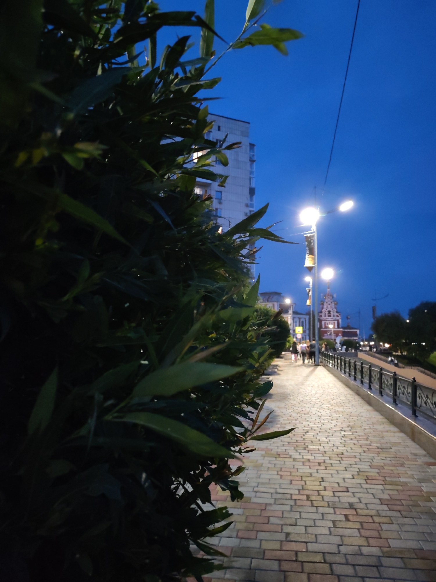The image captures a walkway lined with trees and a decorative fence under a clear blue twilight sky. The walkway is paved with colorful rectangular bricks laid in a diagonal pattern. Several streetlights illuminate the path. In the distance, a building with a red and white spire, possibly a church or historic structure, is visible. A few people are walking on the path, appearing as silhouettes against the light. The foreground is dominated by dark green foliage, partially obscuring the view of the rest of the scene.