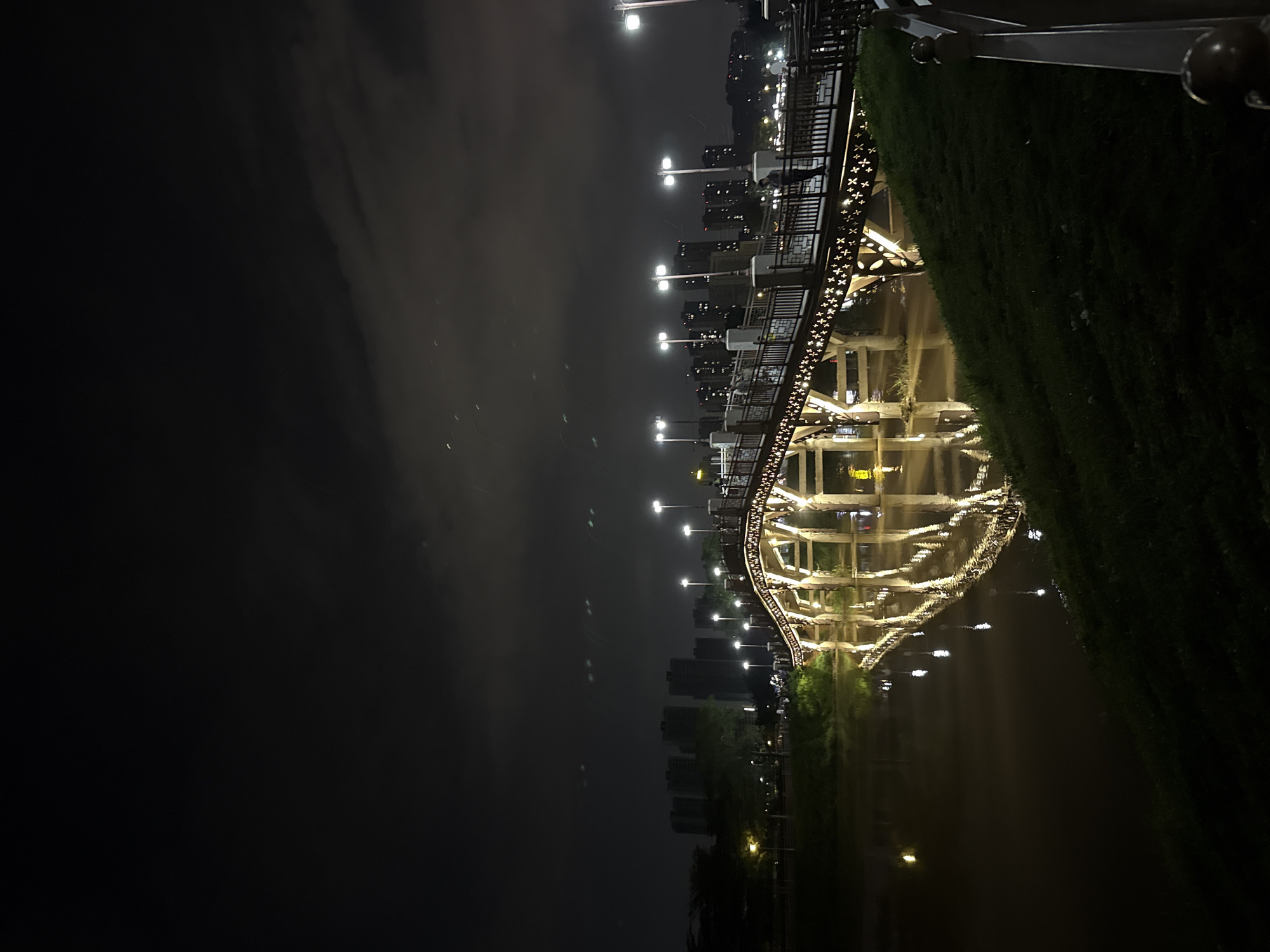 An illuminated, arched bridge is depicted at night over a body of water. The bridge features intricate decorative lighting along its railings and underside, casting a warm glow onto the water's surface, creating a prominent reflection. The water appears calm and slightly murky. On the far side of the water, a cityscape with buildings is visible in the background, illuminated by lights. Several streetlights are also present along the bridge and the surrounding park area. A grassy embankment slopes down towards the water's edge in the foreground, with a dark wooden railing on the right side. A few individuals are visible walking on the bridge. The sky is dark and cloudy with faint streaks of light suggesting light pollution or possibly distant fireworks. This scene is characteristic of a park or public space within the city of Huizhou, China, likely a recreational area designed for evening strolls and appreciating the urban landscape at night.