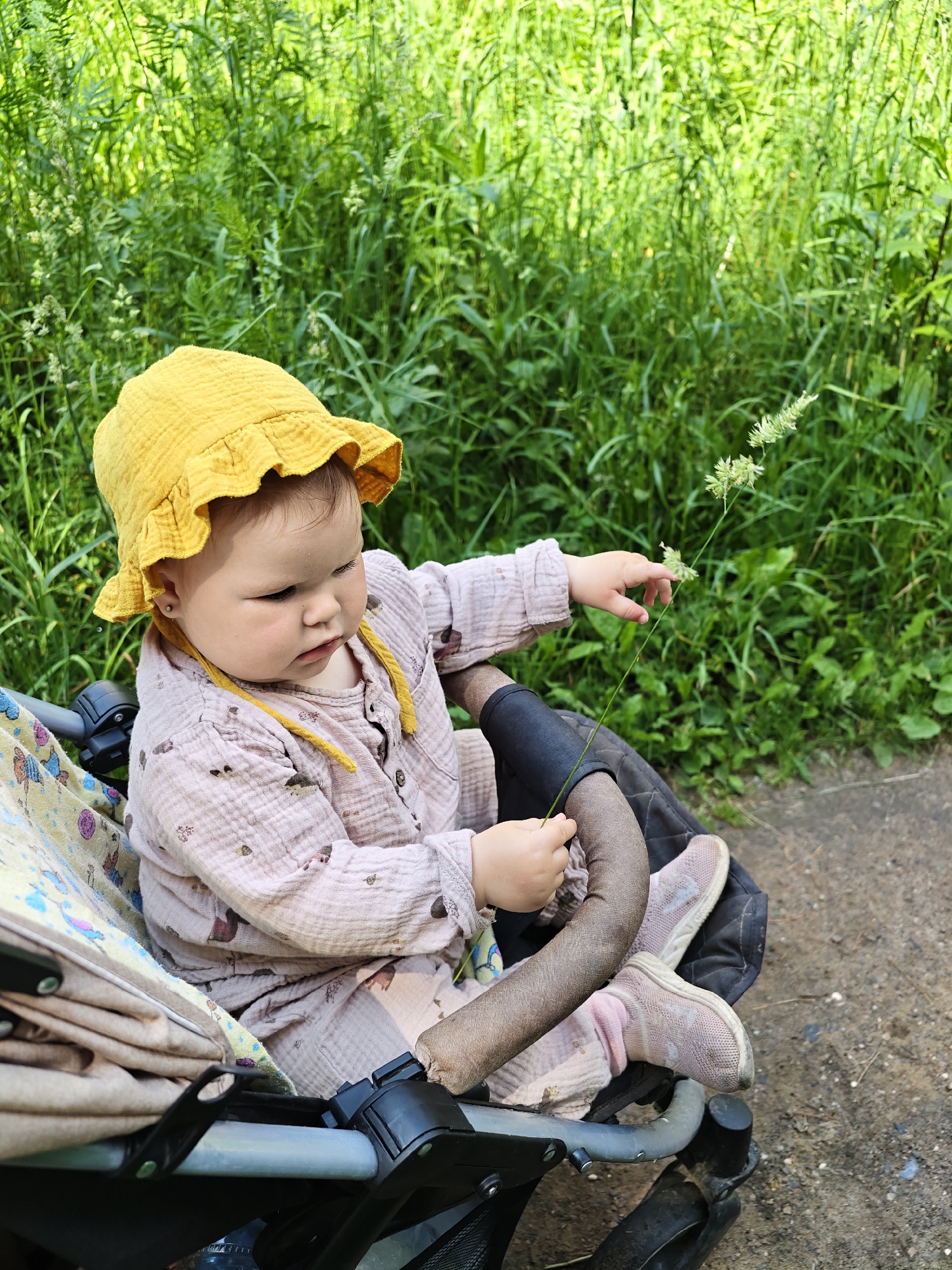 A young child, wearing a yellow sun hat and a light pink patterned outfit, sits in a stroller outdoors. The child is holding a blade of grass. The background consists of lush green foliage. The stroller is on a dirt path. The image appears to have been taken in the city of Chaikovsky, Russia, during daylight hours.