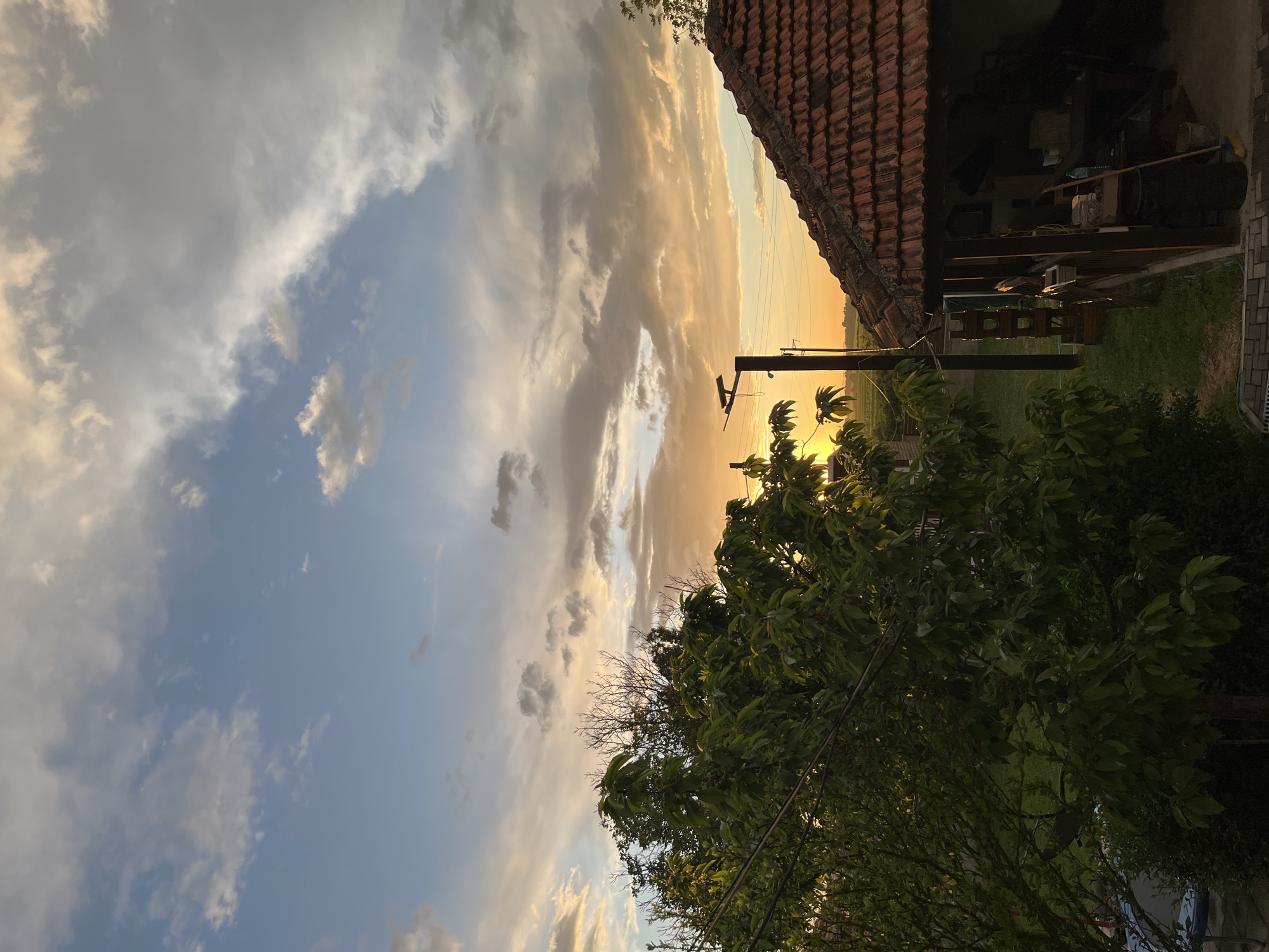 The image depicts a sunset scene in Pchelnik, Bulgaria. The sky exhibits a gradient from blue to a warm yellow-orange near the horizon, with scattered clouds. Part of a building with a red tiled roof is visible in the top right corner of the frame. Below the roof, there is a partially obscured structure containing various items. In the foreground, a tree with green foliage is present. Utility poles and wires are visible silhouetted against the bright sky. The overall impression is a rural or suburban setting during twilight.