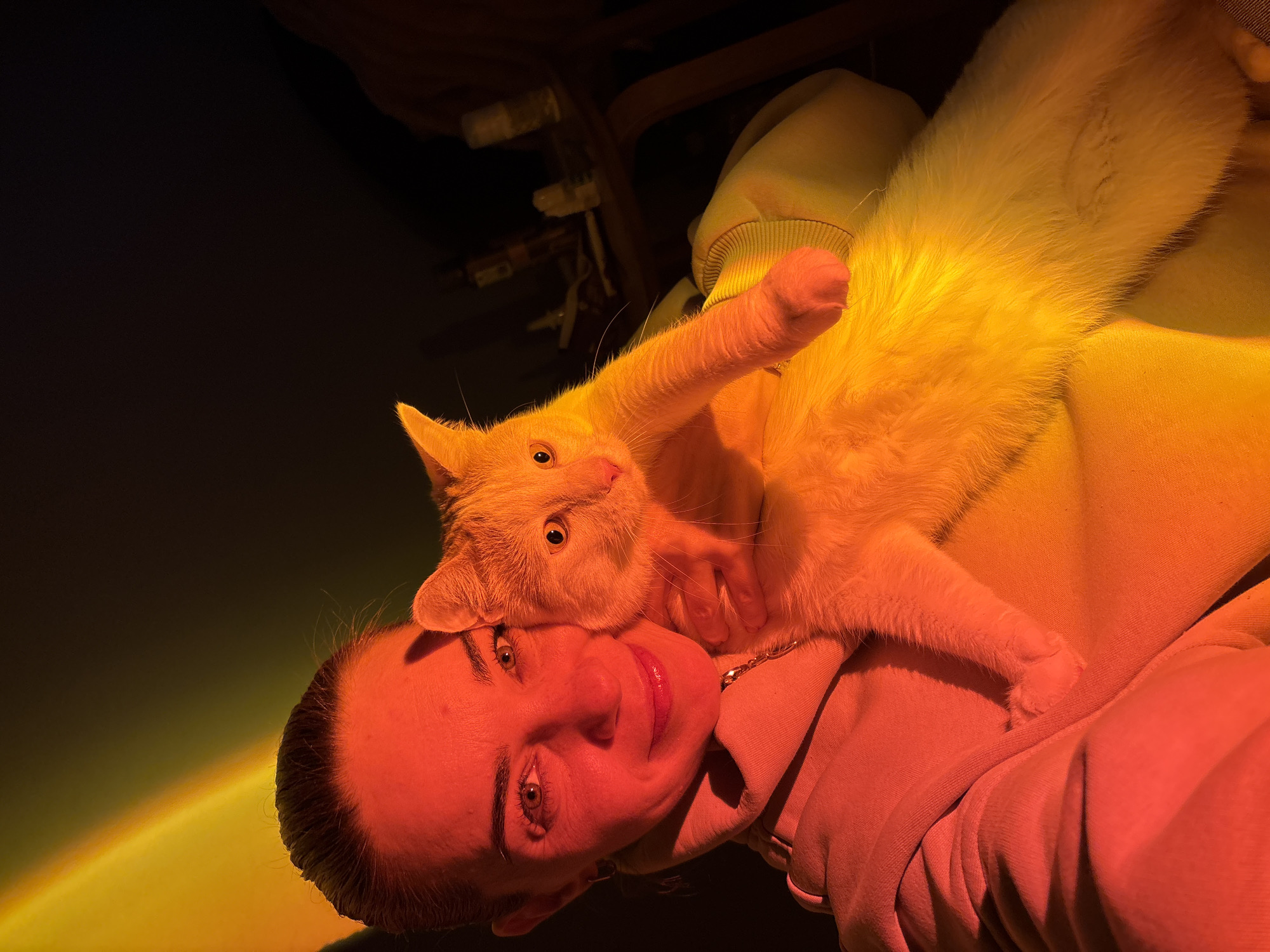 A woman with dark hair pulled back poses for a selfie, holding a light orange tabby cat. Both are illuminated by a sunset lamp, casting red and yellow hues across the scene. The woman is wearing a pink hoodie. The cat is held against her chest. In the background, the environment is dark, with hints of furniture and objects on a shelf. The image appears to be taken indoors, likely in a residential setting.