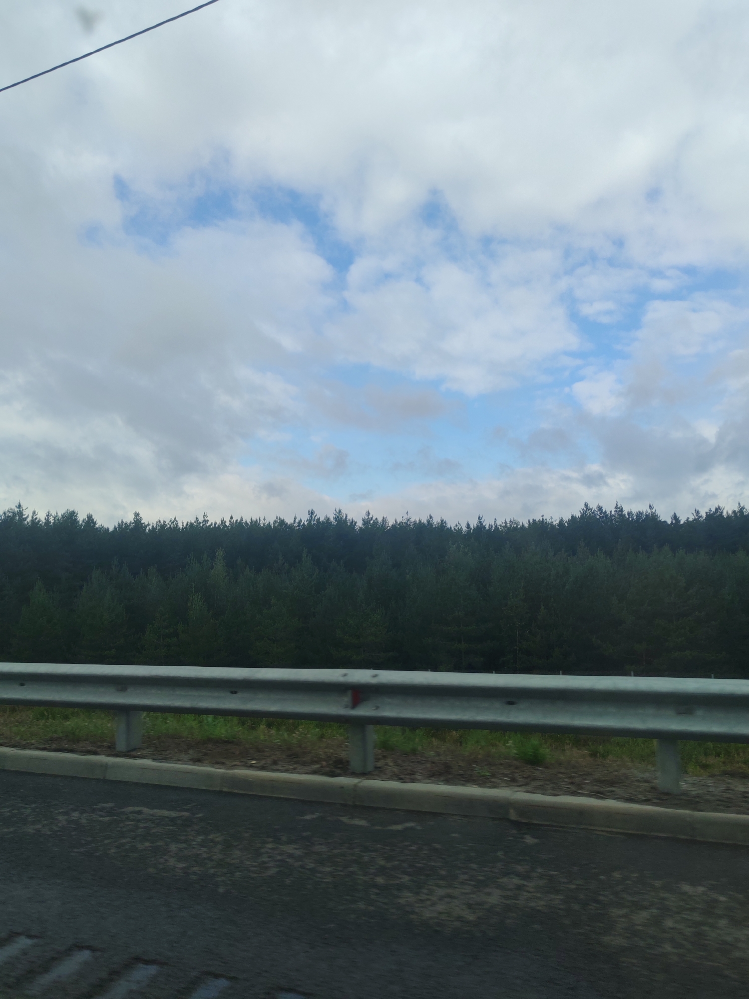 The image depicts a section of a road in Novoe Perepechino, Russia. In the foreground, the asphalt road surface is visible, showing signs of wear and some damp patches. A concrete curb separates the road from a grassy area. A metal guardrail runs along the edge of the road, supported by concrete posts. Beyond the guardrail, a dense forest of green coniferous trees forms a natural barrier, stretching horizontally across the middle ground of the image. The sky above is partly cloudy, with patches of blue sky visible between formations of white and gray clouds. A thin, dark line, likely a power line or cable, is visible in the upper left corner of the frame. No people or animals are present in the scene. The overall impression is one of a rural or semi-rural road bordered by a forest.
