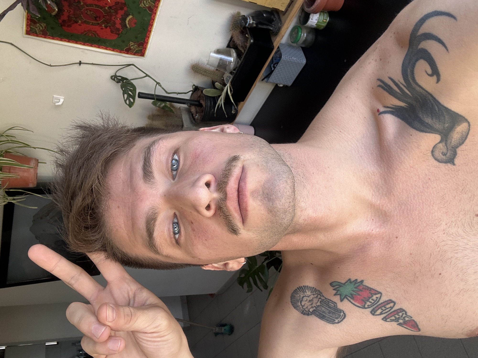 A man with blue eyes and light brown hair displays a peace sign. He has a mustache and tattoos on his upper chest and shoulder. A bird tattoo is visible on his right shoulder, and another tattoo of what appears to be a chopped strawberry is on his right chest. The man is indoors; a rug hangs on the wall, and potted plants sit on a shelf. Part of a television and flooring are also visible. The location is Cordoba, Argentina, based on the man's geolocation history.