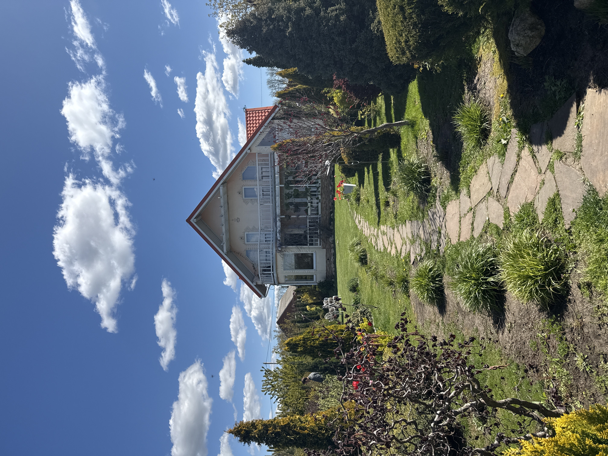 The image displays a picturesque outdoor scene featuring a charming house and a vibrant garden under a bright blue sky. The house, located on the left, is a two-story structure with a prominent red-tiled gabled roof. Its light-colored facade is accented by multiple white-railed balconies and windows.
A winding path, composed of irregular stone slabs, meanders through a meticulously kept green lawn from the foreground towards the house. The garden is rich with diverse flora, including tall evergreen hedges and trees, various bushes, and clumps of ornamental grasses. A deciduous tree with reddish foliage or berries stands near the house, while another tree with dramatically twisted, bare branches occupies the mid-ground. Long shadows stretch across the grass, indicating a sunny day, likely in the morning or late afternoon.
In a cropped view, a person, possibly male and wearing a grey or blue top, can be seen among the garden's dense foliage. The sky above is a brilliant blue, adorned with numerous fluffy white clouds. A small, dark speck, possibly an insect or bird, is visible against the sky. The scene conveys a tranquil and idyllic atmosphere, characteristic of a well-tended property in a pleasant residential setting, consistent with the provided location context of Pervorechenskoye, Russia. There is no visible text in the image.