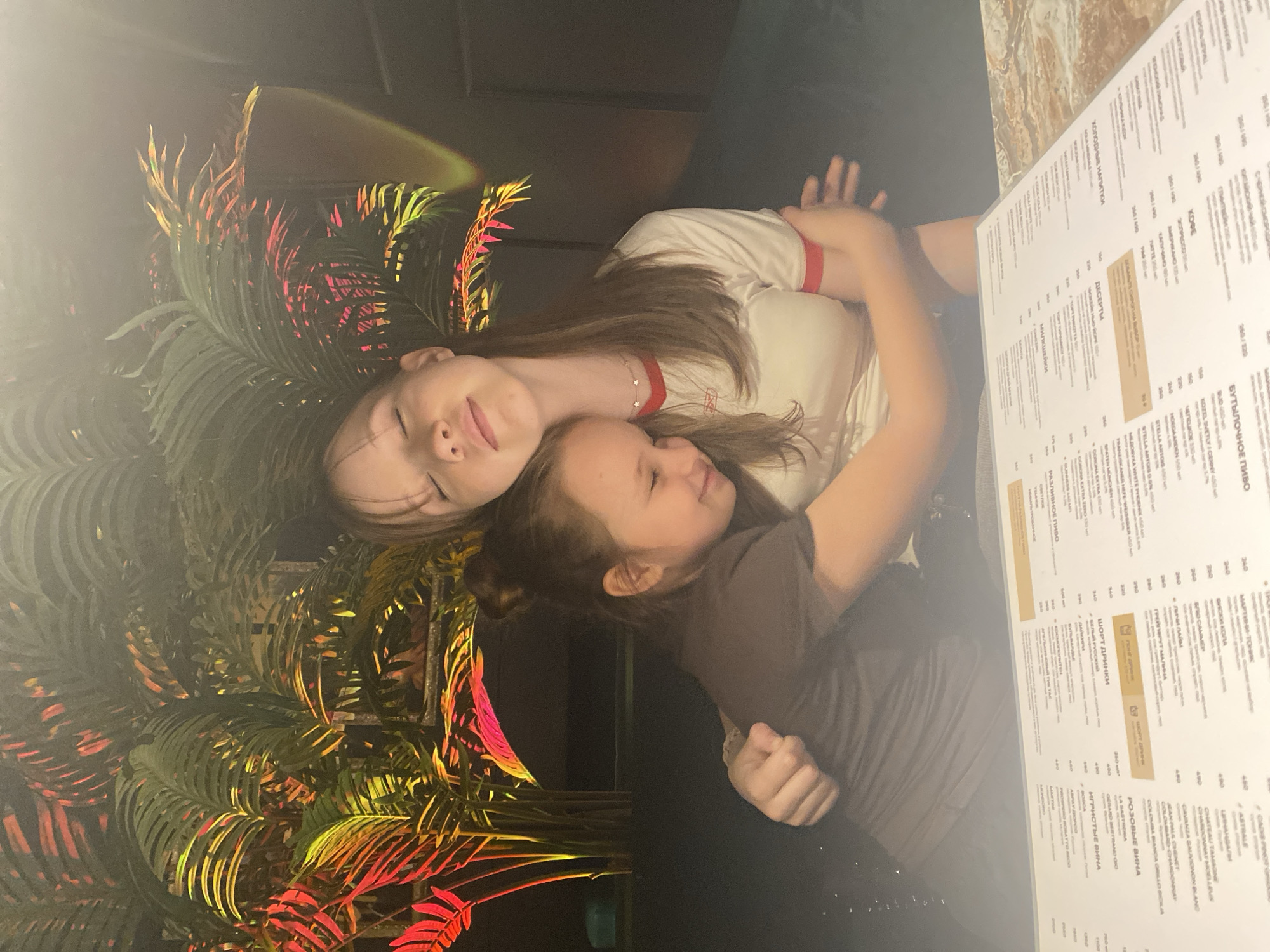 Two young females are depicted embracing in an intimate, dimly lit indoor setting, likely a restaurant or cafe in Chaikovsky, Russia. The scene is characterized by lush green foliage, possibly ferns or tropical plants, strikingly illuminated with red, orange, and yellow artificial lights, creating a vibrant, exotic ambiance.
The female on the left, with long brown hair, wears a white t-shirt with red trim and a delicate necklace. She lies with her head tilted back, eyes closed, and a gentle smile, conveying a sense of peace and relaxation. Her arm is around the other person. The second female, with brown hair tied up, wears a brown t-shirt and rests her head affectionately on the first person's shoulder/chest, also with closed eyes, indicating comfort and serenity. Her arm is around the first female's waist.
They are positioned next to a table where an open menu, written in Russian, is prominently displayed. The menu categories visible include "ХОЛОДНЫЕ НАПИТКИ" (Cold Drinks), "КОФЕ" (Coffee) with options like Espresso and Latte, "ДЕСЕРТЫ" (Desserts), "МИЛКШЕЙКИ" (Milkshakes), "РАЗЛИВНОЕ ПИВО" (Draft Beer), "БУТЫЛОЧНОЕ ПИВО" (Bottled Beer) featuring brands like Bud and Stella Artois, "МАРТИНИ-ТОНИК" (Martini Tonic), "ШОРТ ДРИНКИ" (Short Drinks) including White Russian and Cosmopolitan, "РОЗОВЫЕ ВИНА" (Rose Wines), and "ИГРИСТЫЕ ВИНА" (Sparkling Wines).
The image captures a moment of tender affection and calm, suggesting a shared, tranquil evening experience. The soft, colored lighting adds to the warm and cozy atmosphere.