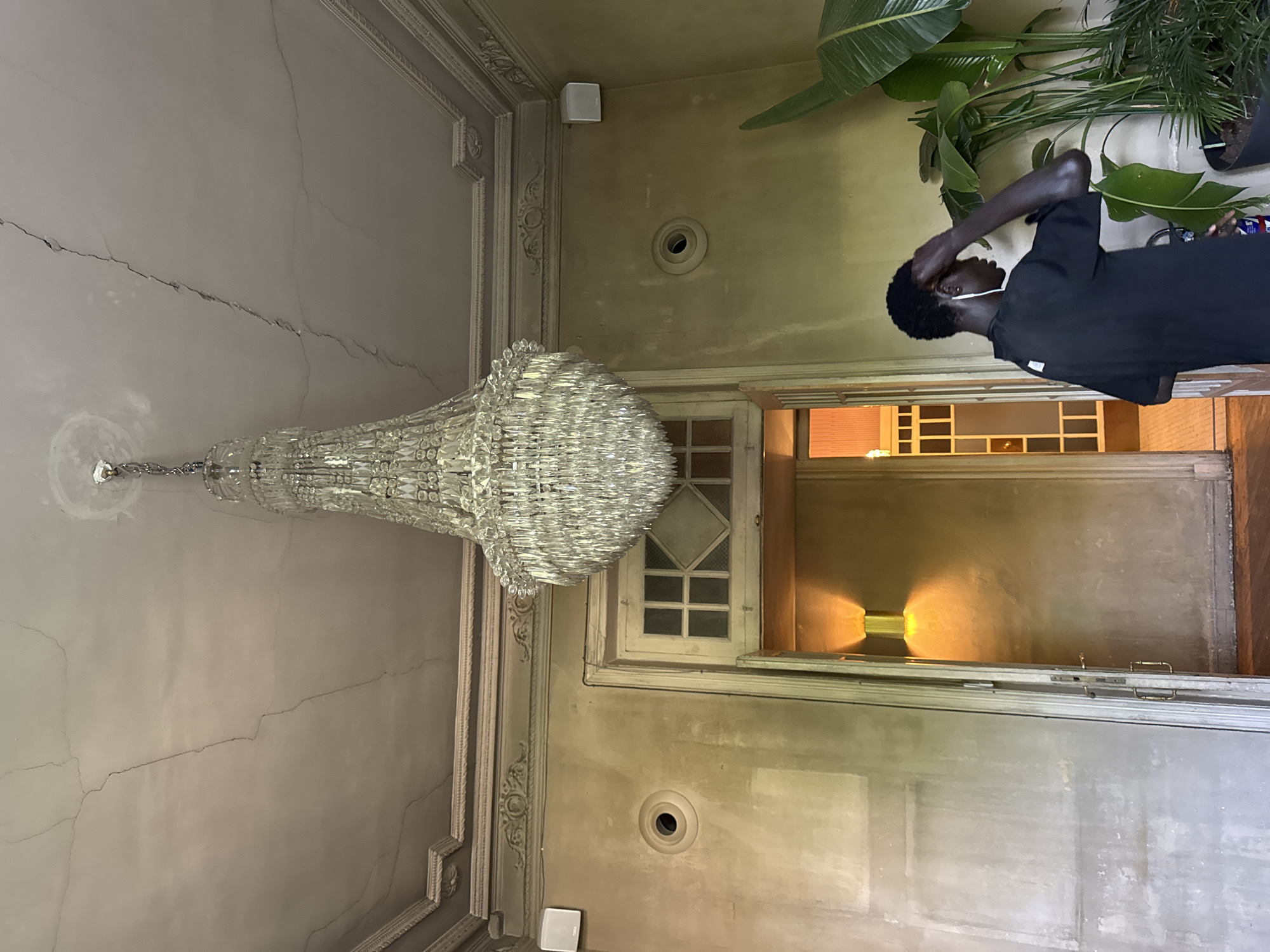 The image depicts an indoor scene, likely a hallway or grand entrance area, characterized by high ceilings and ornate architectural details. A large, multi-tiered crystal chandelier hangs prominently from the center of the ceiling.
One person, with dark skin and short, curly dark hair, stands towards the right of the frame. They are wearing a black short-sleeved top and have their left hand raised to the back of their head or neck, appearing to be in thought or adjusting something.
The ceiling above the person and chandelier shows prominent, winding cracks, indicating age or potential structural issues. Decorative molding lines the edges of the ceiling and walls.
To the right, large green potted plants, possibly a Bird of Paradise, add a natural element to the space. A white square speaker and a circular vent are mounted on the wall. A wooden-framed window or door with varied pane shapes, including a diamond pattern, is visible in the mid-ground. Warm, artificial light emanates from a fixture (likely a wall sconce) positioned behind the person, casting a soft glow on the wall. A partially open doorway in the background reveals another interior space.
The overall setting suggests an older building, consistent with architecture found in locations like Madrid, Spain, which is given as the context. The lighting implies an indoor environment, possibly in the evening or a space reliant on artificial illumination. No visible text is present.
