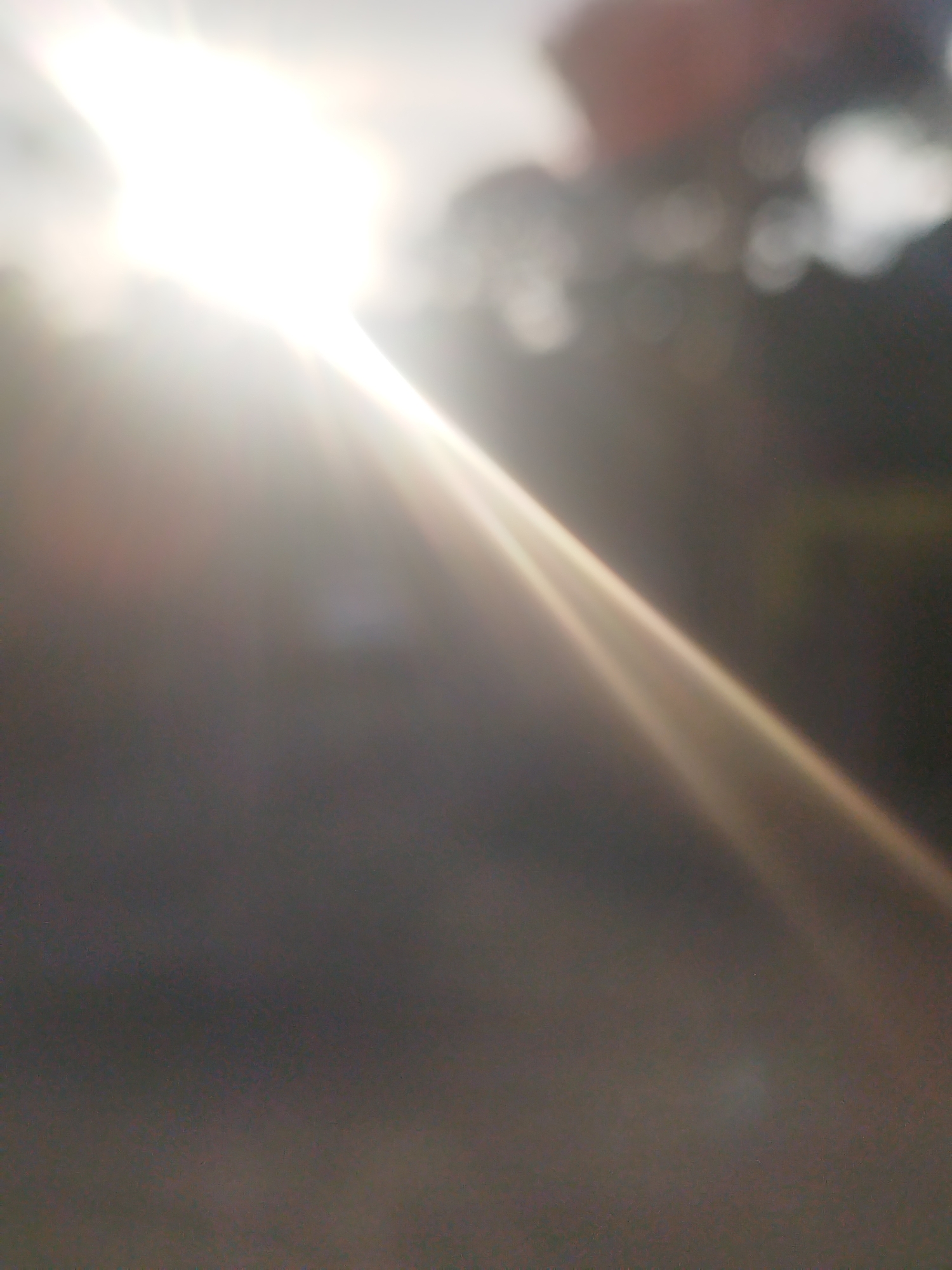 The image shows a blurred scene with a strong light source at the top left, casting a bright beam diagonally across the frame. The background is indistinct, with hints of darker shapes and lighter, out-of-focus circles that might be foliage or lights. The ground in the foreground is a dark, textured surface, also out of focus. The lighting suggests either a very bright sun or a strong artificial light. There are no discernible people, objects, or specific environmental details that would allow for identification of a location within Antibes, France.