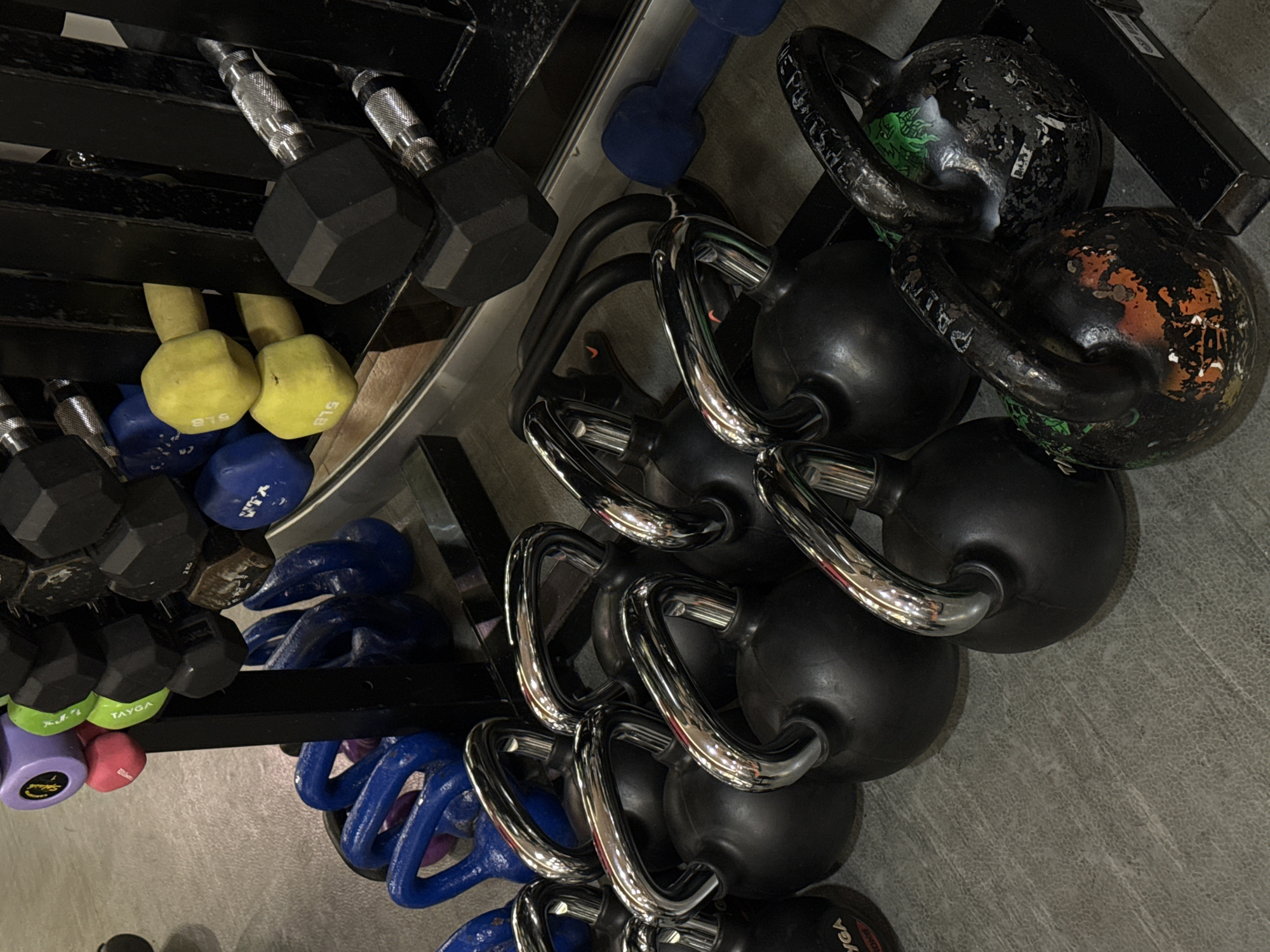 This media file captures an indoor scene in a gym or fitness facility in Mexico City, Mexico, featuring a variety of workout equipment. The image is taken from a slightly elevated, angled perspective, showcasing dumbbells and kettlebells organized on black metal racks and on the floor.
On the upper shelves of a black rack, several dumbbells are visible. These include black hexagonal rubber-coated dumbbells with knurled metal handles. Below these, a pair of yellow hexagonal dumbbells are clearly marked "8LB." Further down and to the left, more black hexagonal dumbbells are seen, some with green ends labeled "TAYGA," a purple dumbbell with "Challenger" visible, and a pink dumbbell bearing the name "Wilson." There are also several solid blue dumbbells on the racks.
The lower portion of the image displays numerous kettlebells. A stack of black kettlebells with shiny chrome handles rests on a lower shelf or the floor. Many of these black kettlebells exhibit significant wear and tear, with chipped paint revealing bright green and orange layers beneath the surface. Adjacent to these are blue kettlebells, some with handles matching their blue body color, and others with shiny silver handles. Partially visible text "YGÁ" can be seen on a black kettlebell at the bottom right.
The equipment is neatly arranged on black metal shelving units. The floor appears to be concrete or a similar industrial material, typical of a gym setting. No individuals are present in the scene, which focuses entirely on the stored fitness equipment. The time of day is not discernible.