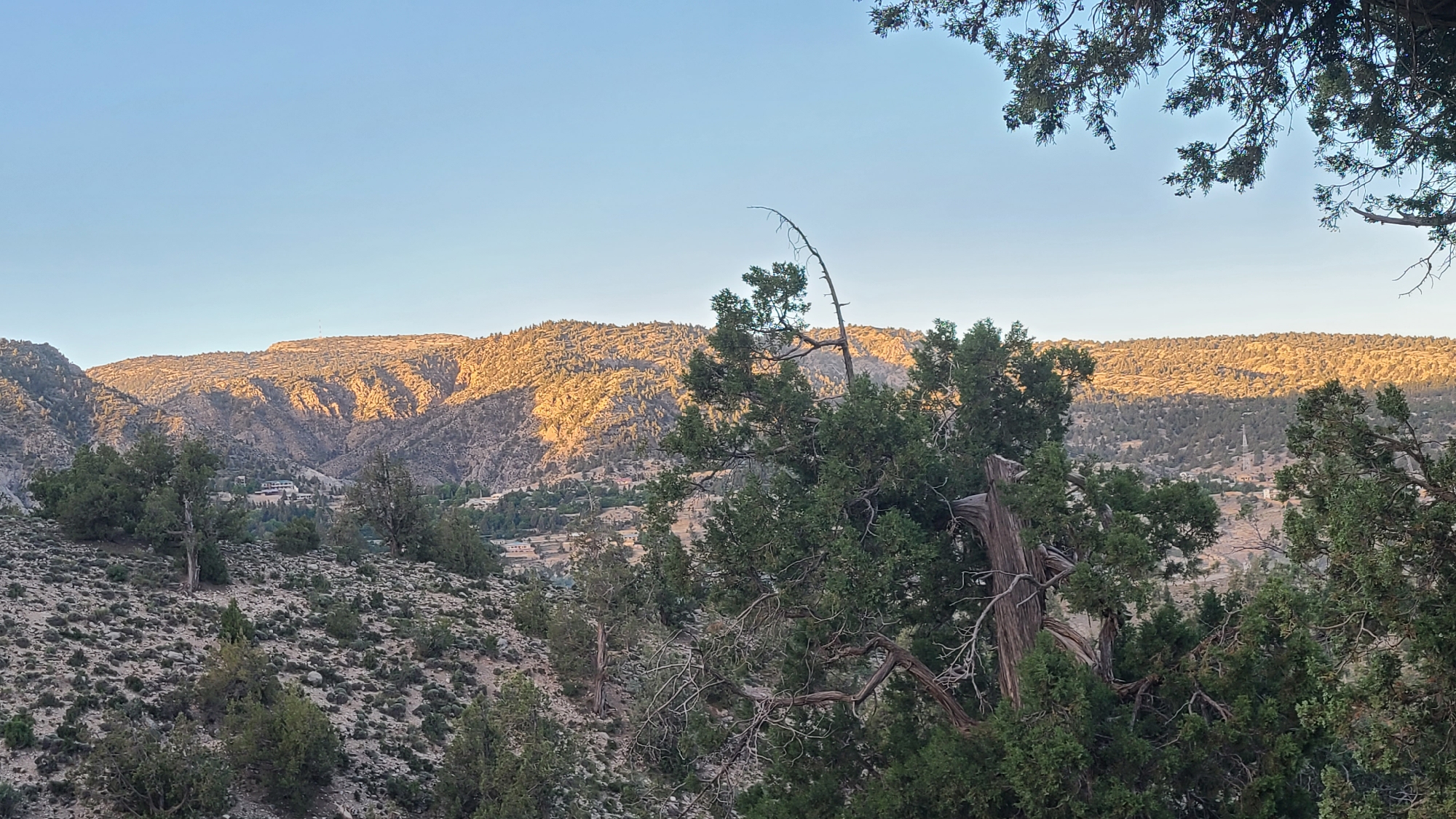 The image depicts a mountainous landscape, likely in the vicinity of Ziarat, Pakistan. The foreground features trees and shrubs interspersed with barren, rocky terrain. In the mid-ground, a valley reveals sparse vegetation and structures, possibly buildings. A radio tower-like structure can be seen in the mid-ground within the valley. The background showcases a mountain range illuminated by sunlight, creating a strong contrast between light and shadow. The sky is a gradient of light blue, suggesting either early morning or late afternoon. No people are visible.