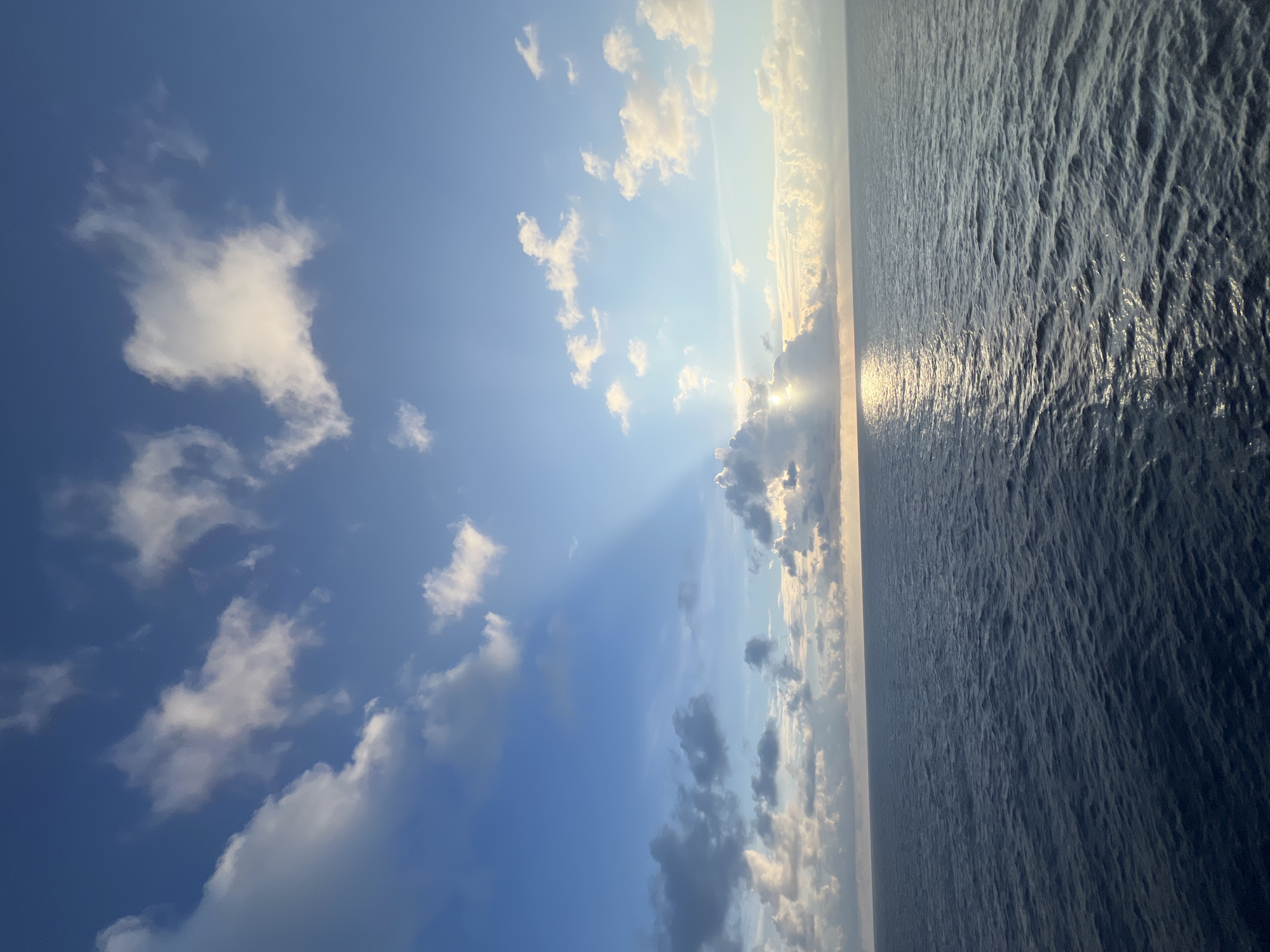 The image depicts a vast expanse of ocean meeting a sky filled with dramatic clouds and sunlight. The scene is oriented vertically, with the ocean occupying the right half and the sky the left. The water is dark blue and choppy, reflecting the bright sunlight in a shimmering path.
The sky transitions from a clear, deep blue at the top to a lighter, hazy blue near the horizon. Wispy white clouds are scattered across the sky, some appearing bright and illuminated by the sun, while others are darker and more voluminous. Sunbeams are visible, radiating from behind a cluster of clouds, creating a crepuscular effect. The sun itself is partially obscured, suggesting either sunrise or sunset.
The overall mood is serene and majestic, evoking a sense of awe at the power and beauty of nature. There are no people or man-made objects visible, emphasizing the natural elements of the scene. The lighting and cloud formations suggest it is either early morning or late afternoon. The location appears to be open ocean, with no land in sight. No text is visible in the image.