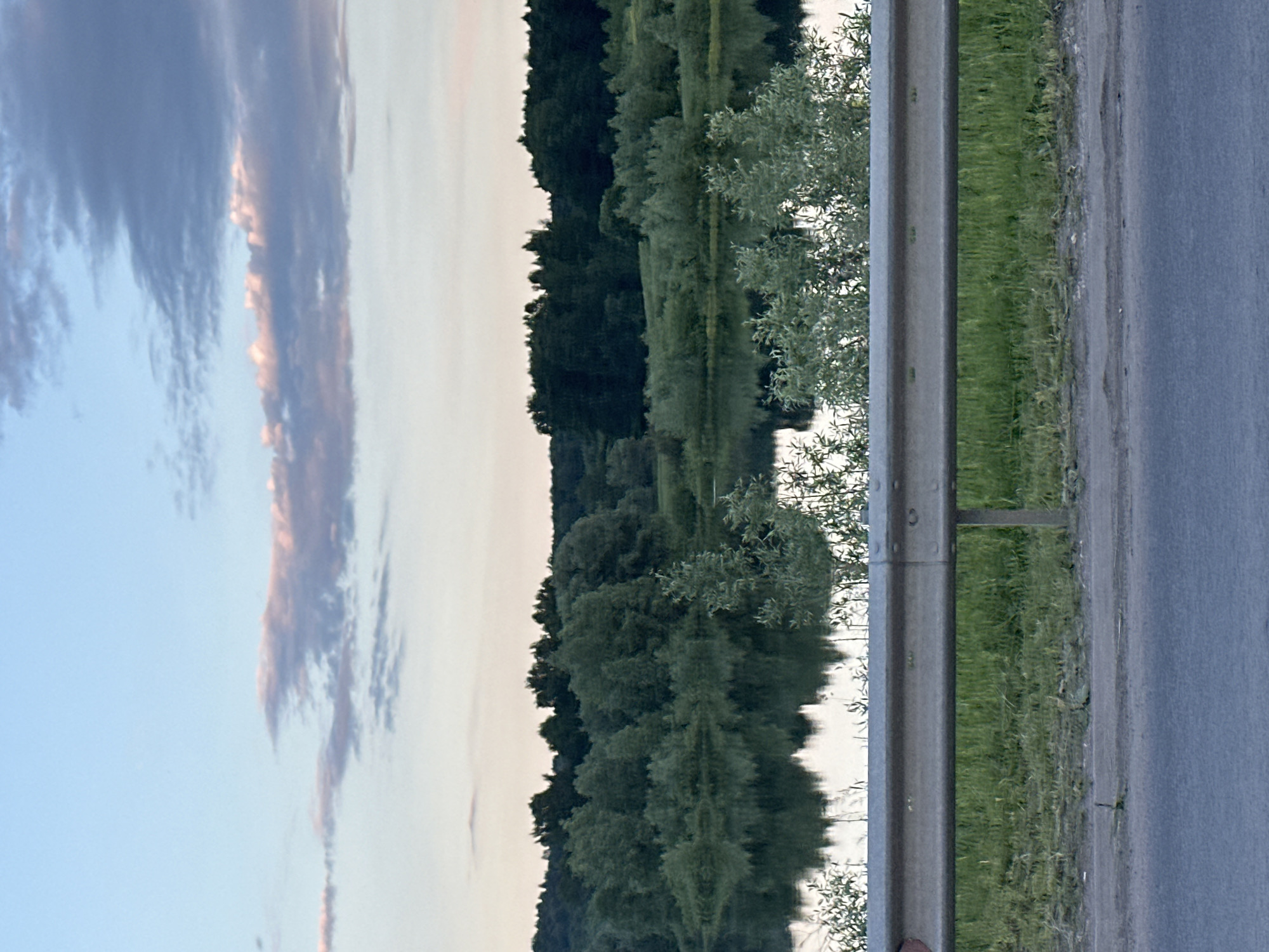 The image displays a serene landscape, likely captured during either sunrise or sunset due to the soft, subdued lighting and warm hues in the clouds. The scene is viewed from alongside a road.
In the foreground, a gray asphalt road runs along the right side of the frame, bordered by a strip of green grass. A sturdy, silver-colored metal guardrail separates the road and grass from a calm body of water to the left. The guardrail has visible posts and horizontal bars.
Beyond the guardrail and the water, a dense line of dark green trees forms a forest or wooded area on the opposite bank. These trees are clearly reflected on the still surface of the water, creating a near-perfect mirror image. Closer to the foreground water's edge, some lighter green, shrub-like trees are also visible.
The sky above the distant tree line is a soft blue, adorned with long, streaky clouds. These clouds exhibit hints of orange or pink, particularly noticeable in the upper left portion of the image, reinforcing the impression of dawn or dusk.
There are no people or animals visible, and no discernible text. The overall atmosphere is one of tranquility and natural beauty. The location context provided is Эстачи, Russia.
