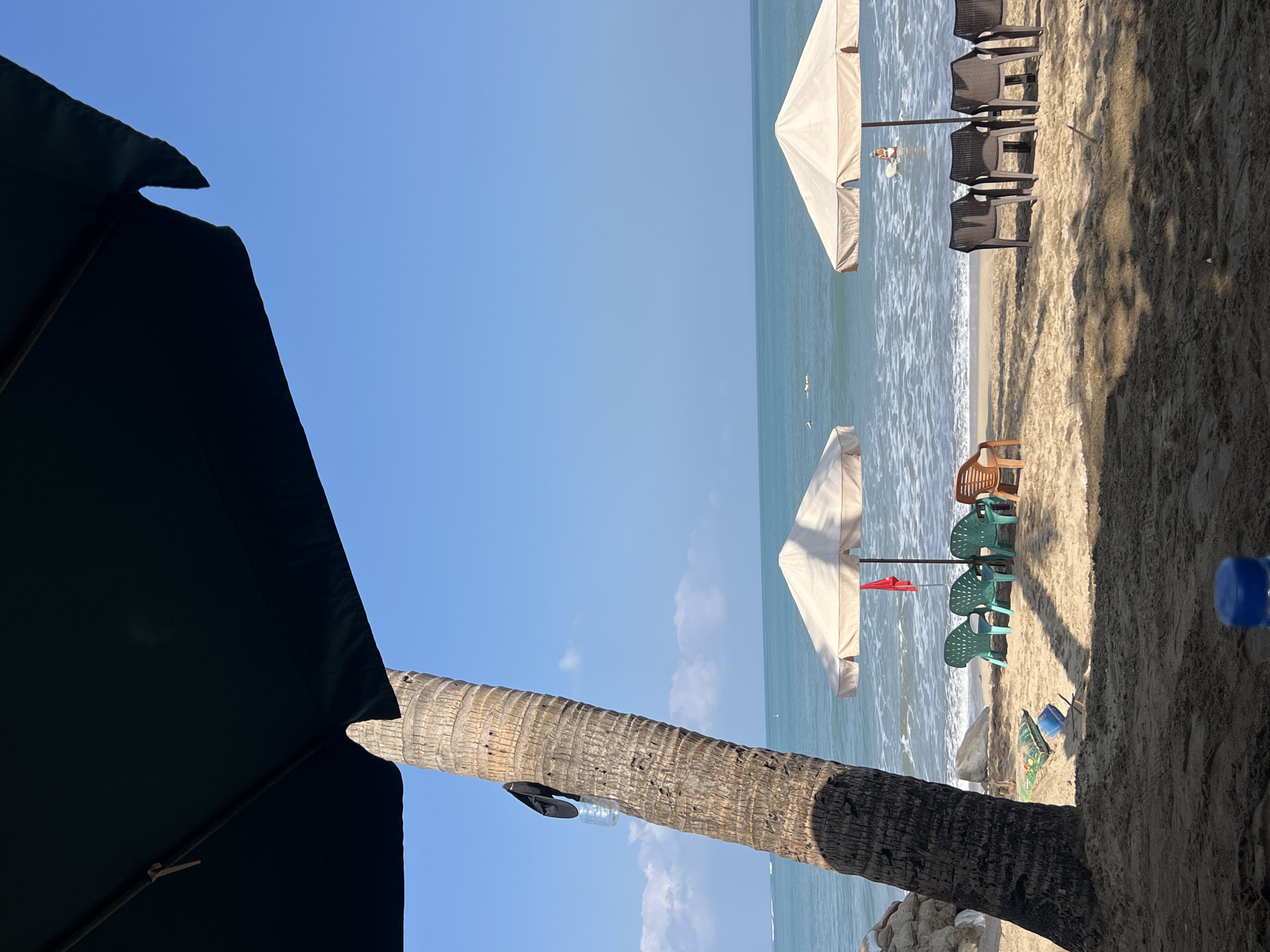 This is a scene from Kuta Beach in Kuta, Indonesia, on a clear, sunny day. The foreground is dominated by the dark shadow of a large umbrella, partially obscuring a textured palm tree trunk to the left. Several beach chairs are arranged on the sand: four dark plastic chairs are clustered under a light-colored umbrella in the middle ground, and three green plastic chairs and one brown plastic chair are situated near another light-colored umbrella to the left. The ocean is a vibrant blue-green, with gentle waves lapping the sandy shore. In the water, one person is visible on a surfboard, and a few other figures appear to be swimming or wading. The sky is a clear, bright blue with a few wispy white clouds.