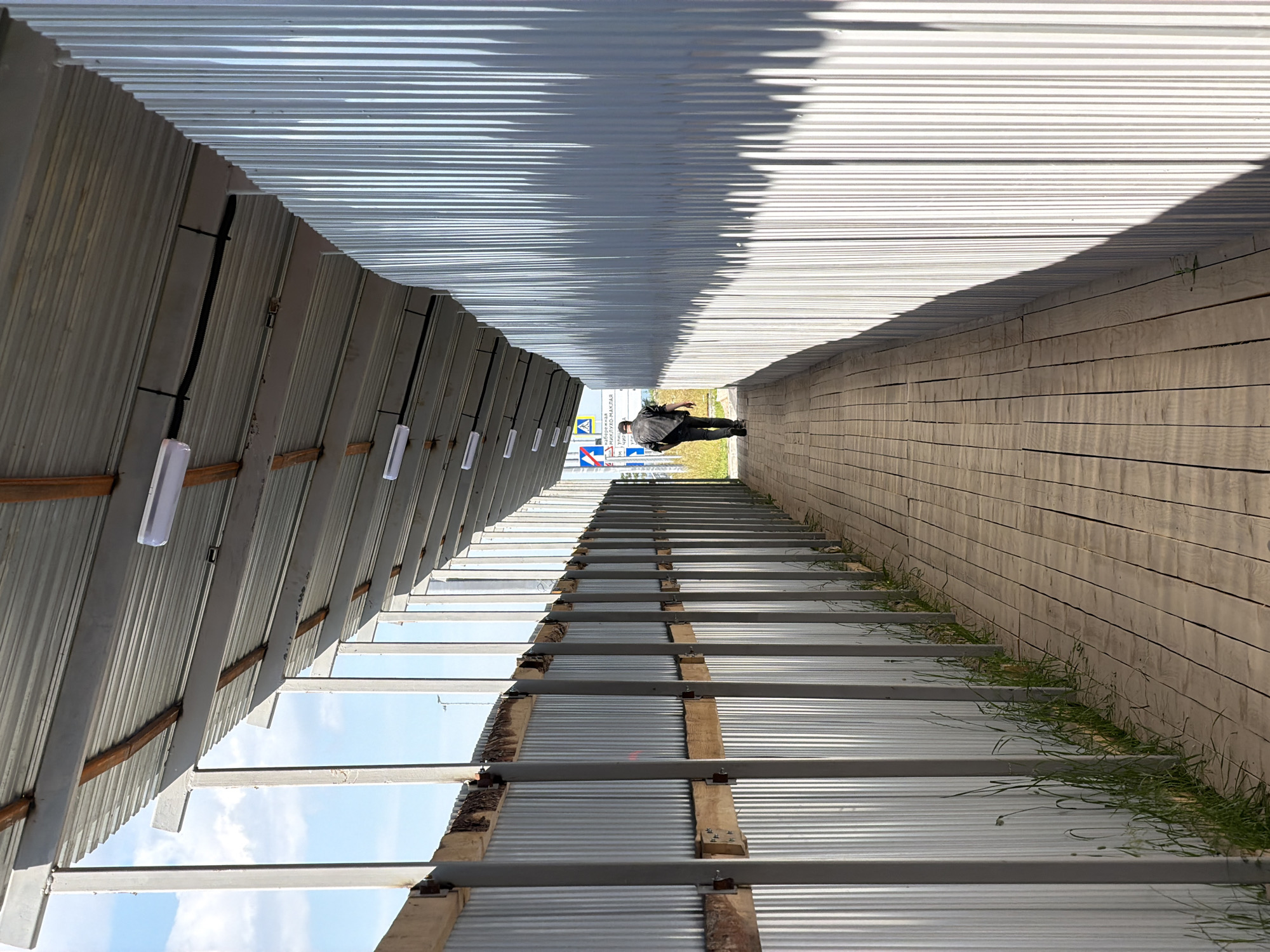 The image depicts a person walking along a wooden walkway under a corrugated metal roofed structure. The walkway is bordered by a corrugated metal fence on the right and a similar fence supported by wooden beams and metal posts on the left. Several fluorescent light fixtures are mounted on the underside of the roof. Green grass grows along the base of the fence on the left. In the distance, a blue and white traffic sign is visible, along with another sign containing Cyrillic text. The sky is blue with some clouds. The overall scene suggests an outdoor passage, possibly a temporary walkway, in an urban or industrial setting. The presence of Cyrillic text on a sign implies the location is in Russia, likely Saint Petersburg given the prompt.
