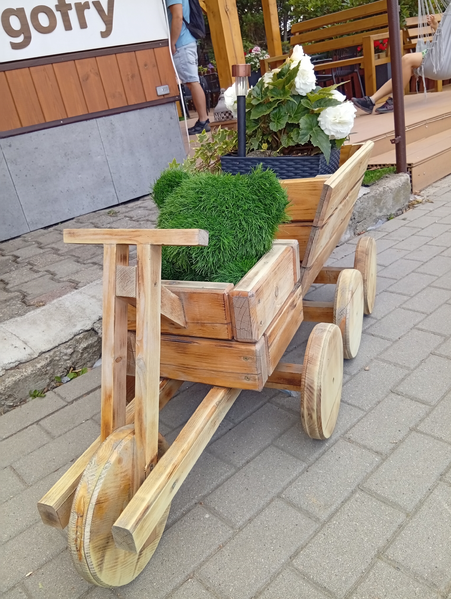 A wooden wagon filled with green plants and white flowers sits on a paved walkway in front of a building with the word "gotry" visible on its facade. The wagon has two large wooden wheels at the rear and a single wheel or stand at the front, resembling a motorcycle or bicycle. In the background, a person wearing a blue t-shirt and shorts stands near the building, and further back, another person is seated on a swing. The environment appears to be an outdoor area, possibly a cafe or shop in the city of Karpacz, Poland.