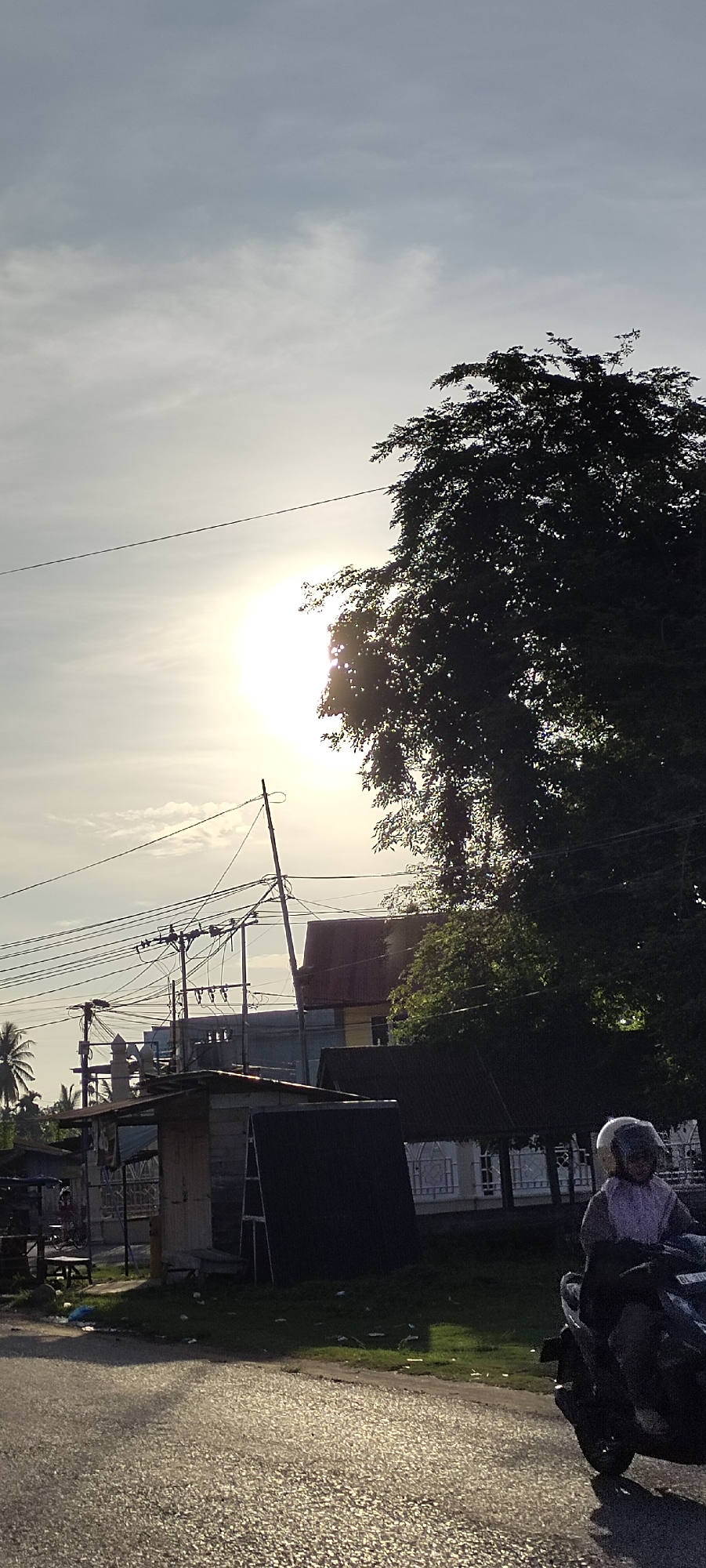 The image captures a street scene in Sumbokrayek, Indonesia, bathed in the warm glow of a setting or rising sun. The sky is a pale gray with diffused sunlight, indicating a hazy or overcast condition. A large, dark silhouette of a tree dominates the right side of the frame, its leaves catching some of the light. In the foreground, a dark asphalt road reflects the sunlight, creating a textured surface.
On the right side of the road, a person wearing a helmet and a light-colored garment is riding a black motorcycle. The person appears to be a passenger, judging by their posture and the presence of a driver (though the driver is largely obscured).
To the left of the road, there are several structures. Closest to the road is a small, open-sided shelter with a dark roof and possibly a wooden or metal frame. Behind this, a building with a dark roof and yellow walls is visible, with a red-tiled roof on its upper section. Further left, there are more buildings, including a structure with a blue roof, and palm trees. A complex network of electrical wires and poles stretches across the middle ground, suggesting the area is serviced by electricity. Scattered debris, including plastic bags and other refuse, is visible on the grassy area bordering the road. The overall impression is a modest, functional urban or semi-urban environment in Indonesia.