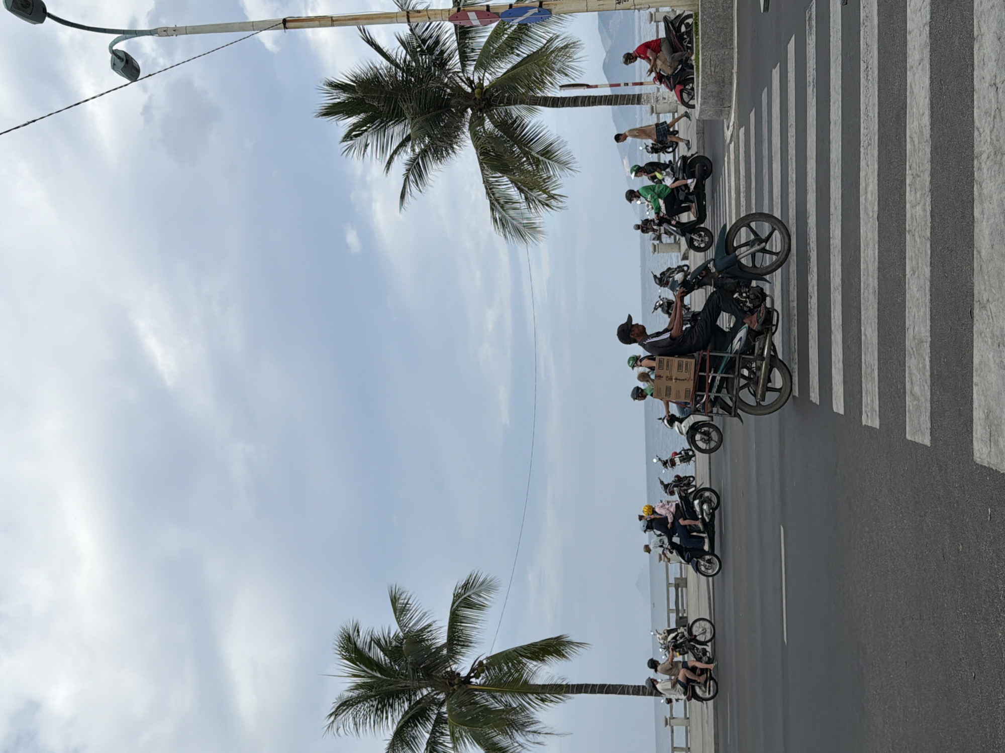 The image depicts a street scene in Nha Trang, Vietnam, likely along the coastline. In the foreground, a pedestrian crossing is marked on a gray asphalt road. Several motorbikes, some with riders and passengers, are visible on the road and sidewalk. On the left, two palm trees stand tall against a cloudy sky. Beyond the road, a concrete barrier separates it from the sea. In the middle ground, more motorbikes are parked or in motion, with people wearing helmets. The background shows a body of water, possibly the ocean, with a distant shoreline featuring hills. A lamppost with two lights is present on the right side of the image, with traffic signs attached. The overall atmosphere is that of a bustling urban environment by the sea, with a common mode of transportation being motorbikes.