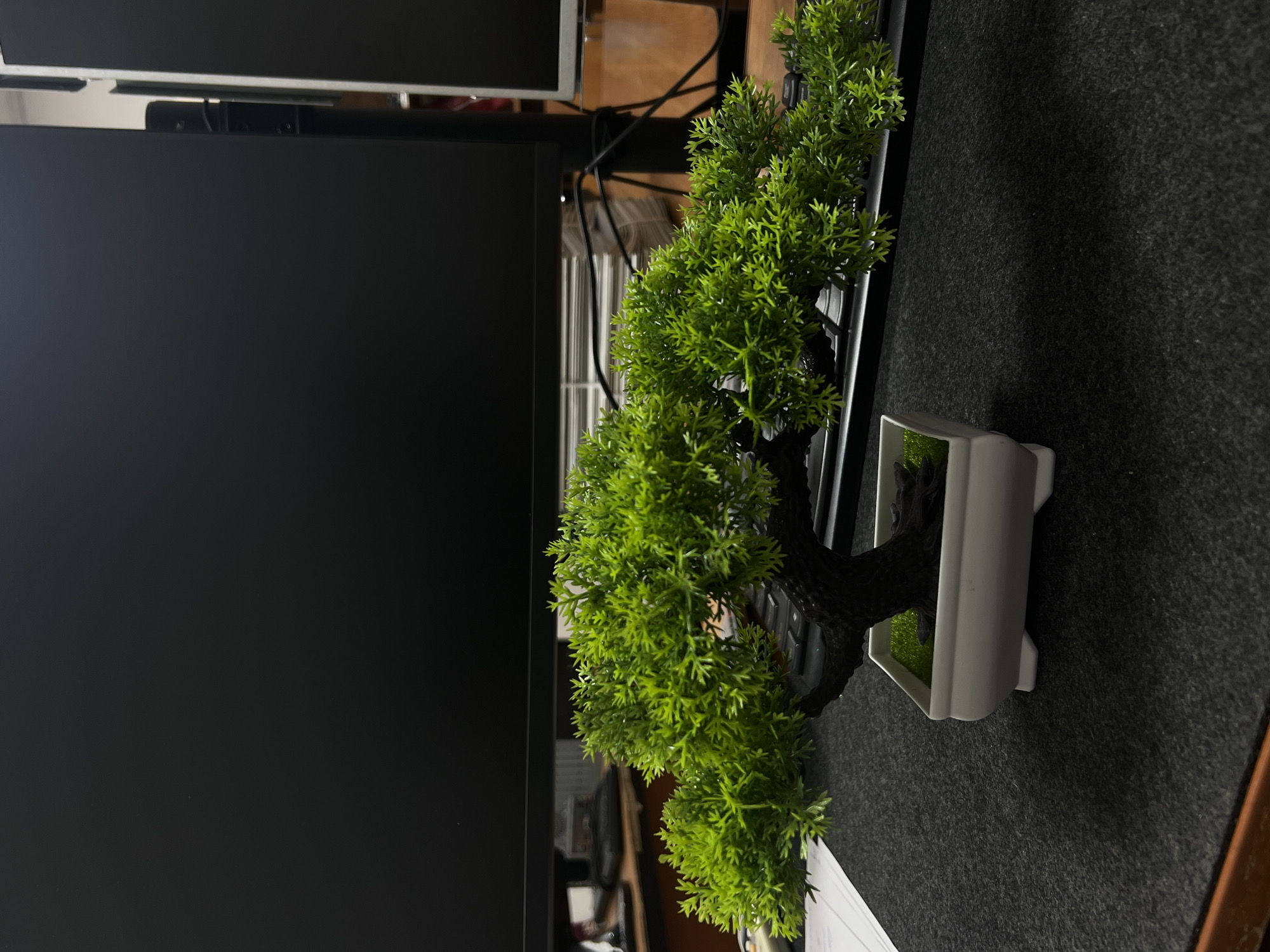 A close-up shot captures a small, artificial bonsai tree with vibrant green foliage. The tree sits in a white rectangular pot with small, white legs. The pot is placed on a dark gray, textured surface, possibly a desk mat. Behind the bonsai, a black computer monitor is visible, its screen dark. To the right of this monitor, another monitor with a white bezel is partially seen, and cables are draped around a black stand. The background is blurry, suggesting a shallow depth of field. The lighting is somewhat dim, casting soft shadows. The overall scene appears to be an indoor office or workspace. There is no discernible indication of the city of Kadamjay, Kyrgyzstan.