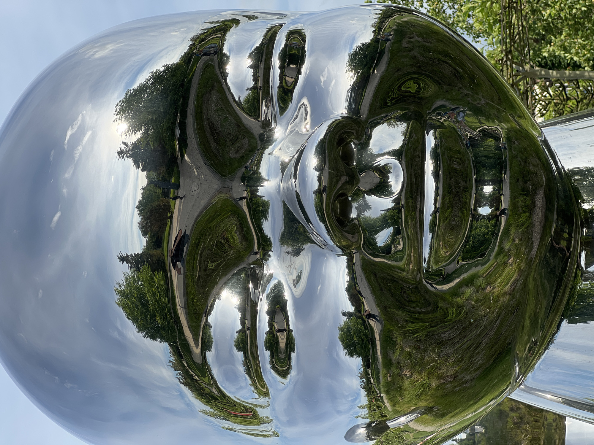 The image shows a distorted reflection on a large, polished metal sculpture resembling a human head. The reflection includes trees, a paved path, the sky with clouds, and the sun. The image has been rotated, causing the ground to appear at the top and the sky at the bottom. The location is Krasnodar, Russia.