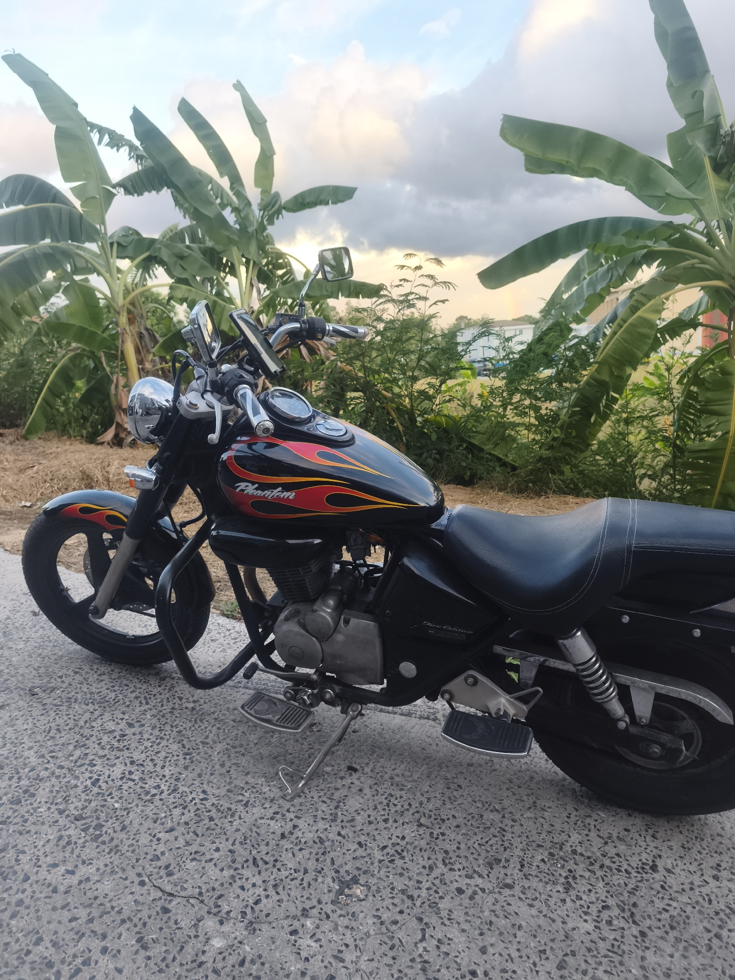 A black motorcycle with red and yellow flame graphics is parked on a textured gray asphalt road. The motorcycle is viewed from its left side and is angled towards the left of the frame. It has chrome handlebars, mirrors, and a headlight. The seat is black and has white stitching. In the background, there are tall green banana trees and other lush vegetation. The sky above is a mix of blue and gray clouds, with the sun low on the horizon, casting a warm light. The scene appears to be outdoors, possibly in a tropical or subtropical environment like Ko Samui District, Thailand. There are no people visible in the image. The overall impression is a peaceful, still moment with the motorcycle as the central subject.