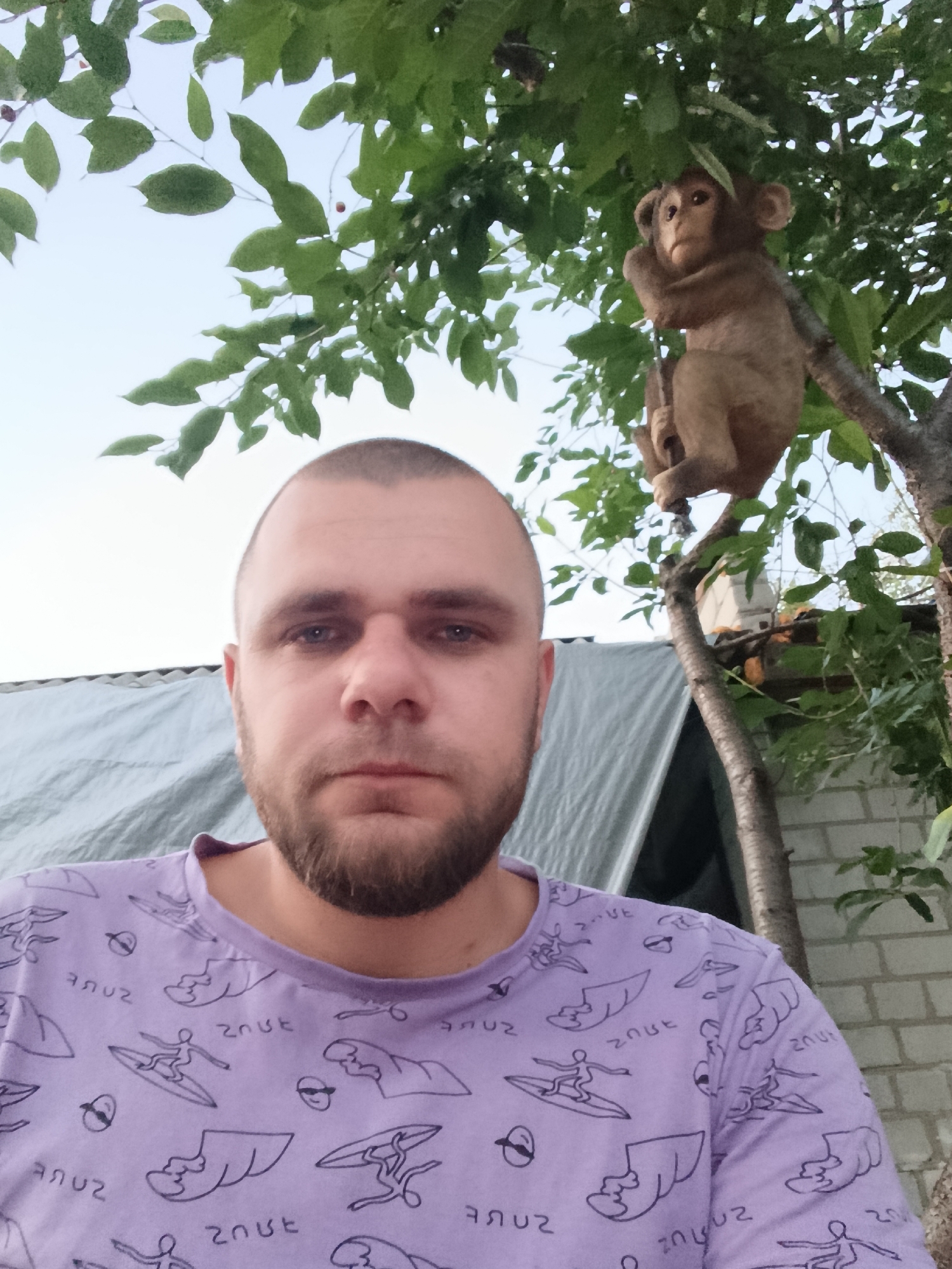 A man with a shaved head and a beard is taking a selfie in front of a tree with a monkey figurine hanging from its branches. The man is wearing a light purple t-shirt with a repeating pattern of surfers and waves. Behind him, a large tarp is visible, as well as a brick wall. The sky is overcast.