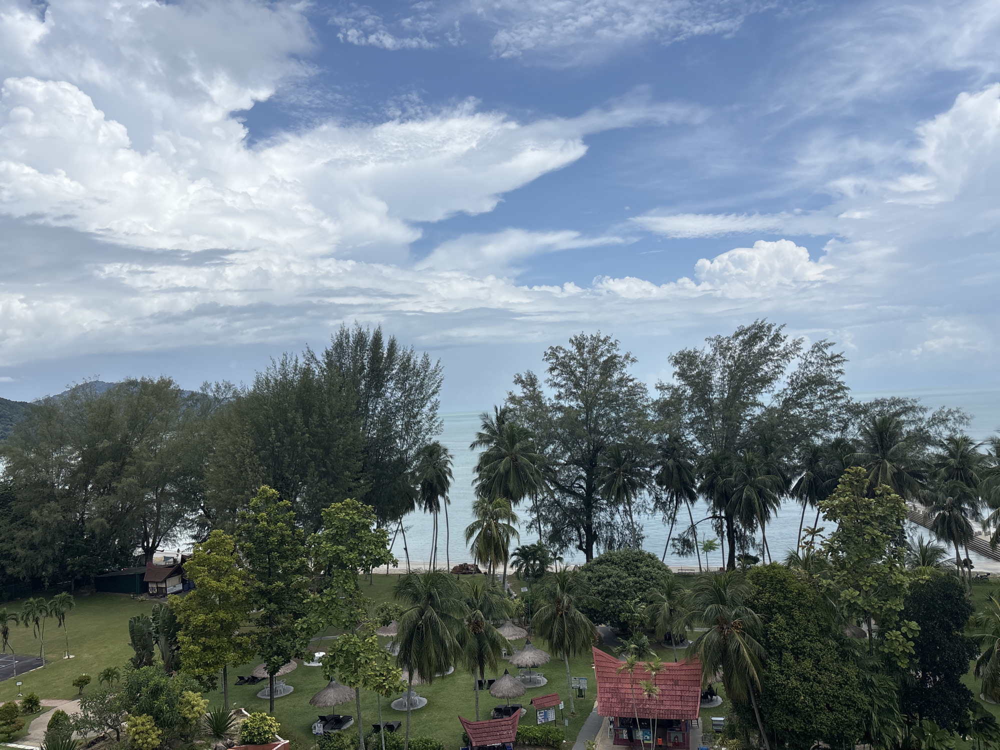 The image depicts a scenic view of a tropical resort, likely located in George Town, Malaysia, given the lush greenery and coastal setting. The foreground is dominated by a well-maintained lawn dotted with palm trees and thatched-roof gazebos. Several small buildings with red tiled roofs are visible, suggesting accommodation or recreational facilities. Beyond the resort grounds, a sandy beach stretches along the turquoise waters of the sea. A dense line of tall trees, including both palm and pine varieties, forms a natural barrier between the resort and the coastline. The sky is a vibrant blue, filled with dramatic white clouds, indicating a bright, possibly partly cloudy day. The overall impression is one of a tranquil and inviting holiday destination.
