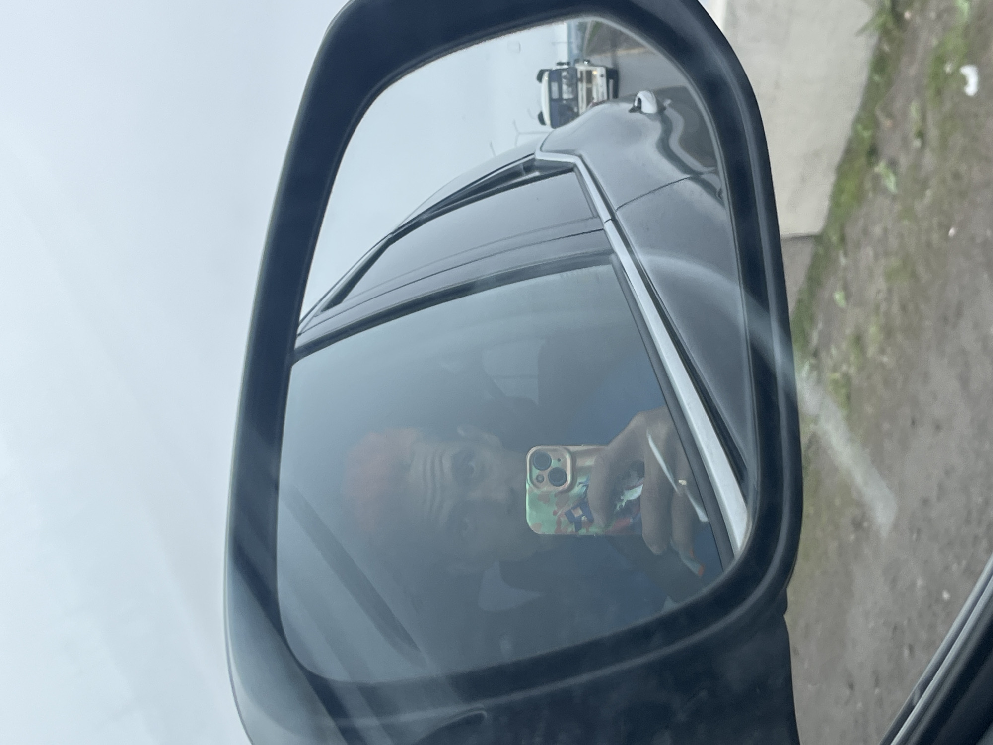 The image presents a close-up, slightly tilted view of a car's side-view mirror, predominantly capturing reflections rather than the direct environment. The primary subject is the reflection of a person taking a selfie, visible in the lower-left section of the mirror. This person has reddish-orange hair, and their face is partially obscured but shows a direct gaze towards the camera. Their left hand, wearing a ring on the ring finger, holds a smartphone featuring a distinctive, light green case with colorful abstract or floral patterns. The phone displays a prominent triple-lens camera array, typical of modern smartphones.
The mirror's reflection extends beyond the person. In the upper and central parts, a broad expanse of light gray, overcast sky is visible, indicating daytime with cloudy weather. Below the sky, the sleek, dark gray exterior of the car housing the mirror is reflected, showing window frames and parts of the bodywork. Further in the reflection's background, an inverted image of another vehicle, possibly a white and dark blue truck or trailer, is discernible, suggesting traffic or parked vehicles. The bottom-right edge of the mirror reflects a textured ground surface, appearing as dark grey pavement or dirt with patches of green moss or vegetation. The scene depicts a moment from inside a vehicle, likely parked or stationary by a roadside in Chaikovsky, Russia. No visible text is present in the image.