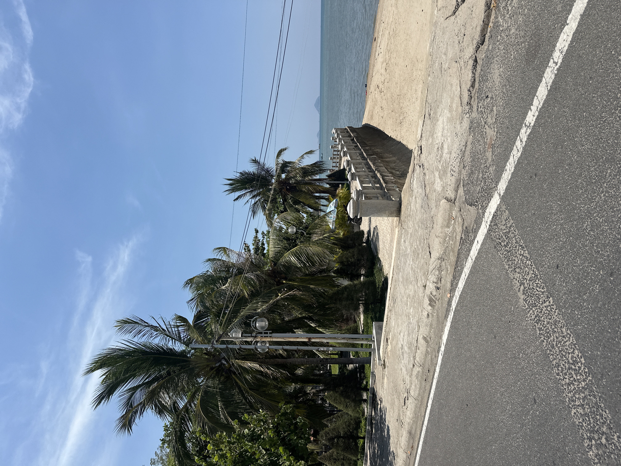 The image depicts a coastal scene in or near Bac Nha Trang Ward, Vietnam. The foreground shows an asphalt road with a solid white line marking the edge. To the left of the road is a concrete sidewalk or pathway, beyond which are palm trees and other greenery. A vintage lamppost stands amongst the trees. In the background, the ocean stretches to the horizon under a clear blue sky with wispy clouds. A small, hazy island is visible in the distance. A section of a stone balustrade or bridge-like structure is also present, indicating some sort of pedestrian access to the water's edge. No people are visible in the frame. The scene appears to be outdoors on a sunny day.