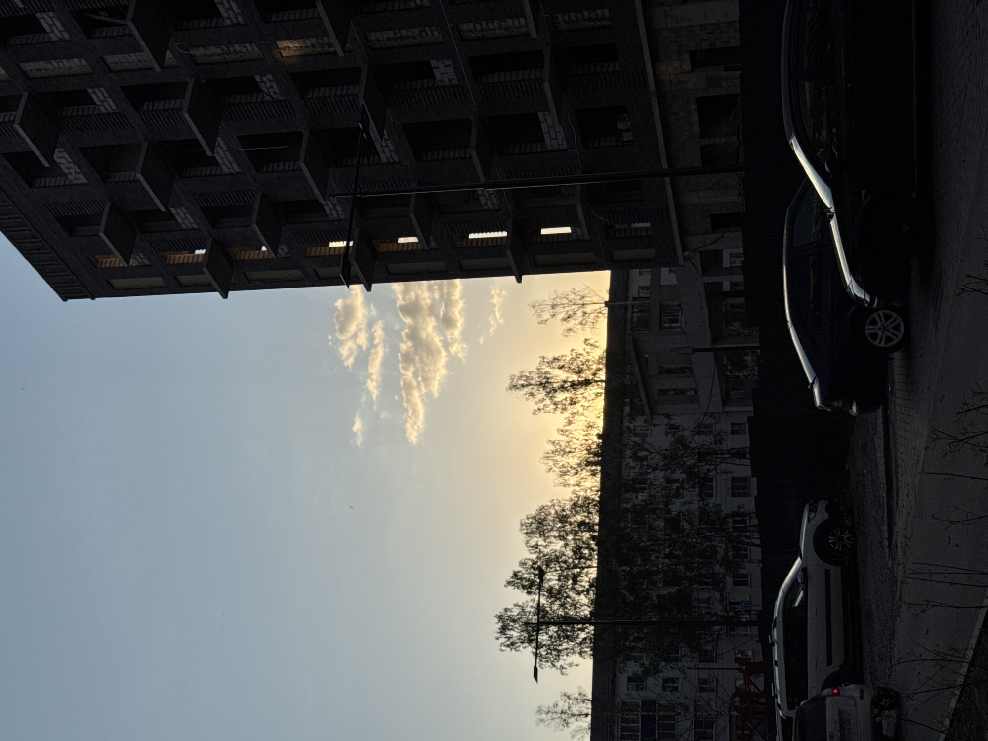The image depicts an urban scene in what appears to be Izhevsk, Russia, taken from a low angle, looking upwards. A Brutalist-style building with a waffle-like facade looms on the left, contrasting with a softer view of the sky containing clouds tinged with light, likely sunset or sunrise. A second apartment building is partially visible on the right. Trees obscure parts of this building, and a lamppost is visible. Two parked cars are situated on the right side of the frame. The overall tone is somewhat somber due to the architectural style and dim lighting.