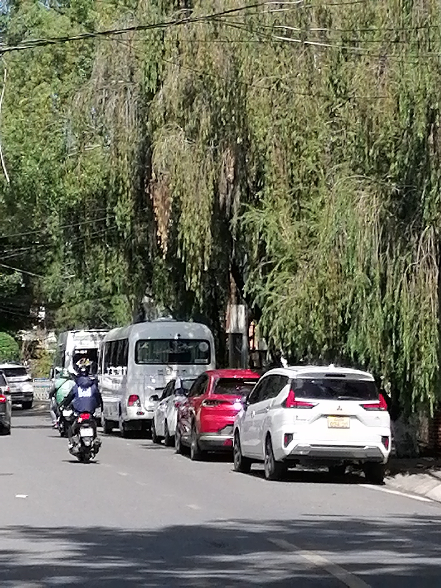 The image shows a street scene in Da Lat, Vietnam, with a line of vehicles on a paved road. A white minivan is prominently featured in the foreground, with a red car behind it. Further down the road, a white bus and another vehicle are visible. A person on a motorcycle is in the middle lane, wearing a blue jacket. Trees line the right side of the road, casting shadows on the asphalt. The sky is visible at the top of the image. The overall impression is a typical urban street with traffic.